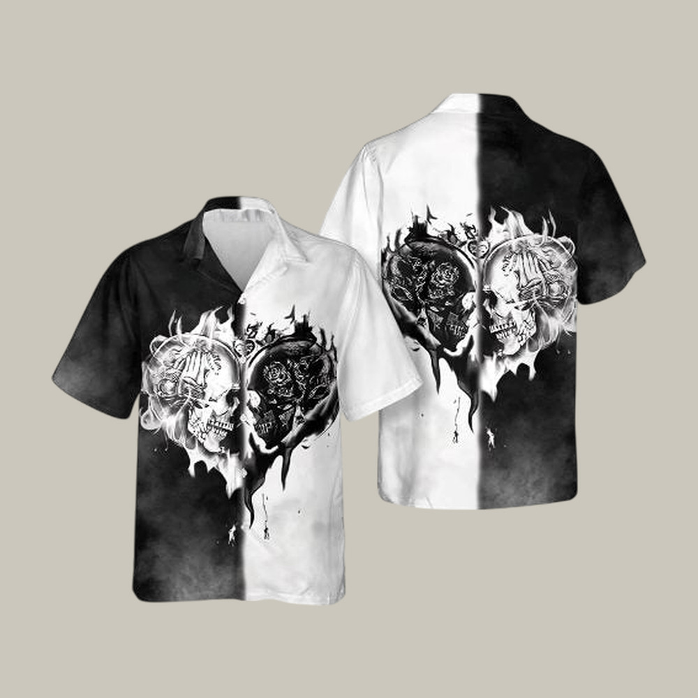 Skull Love Black White Flame Skull Hawaiian Shirt Vintage Aloha Shirt Present For Him