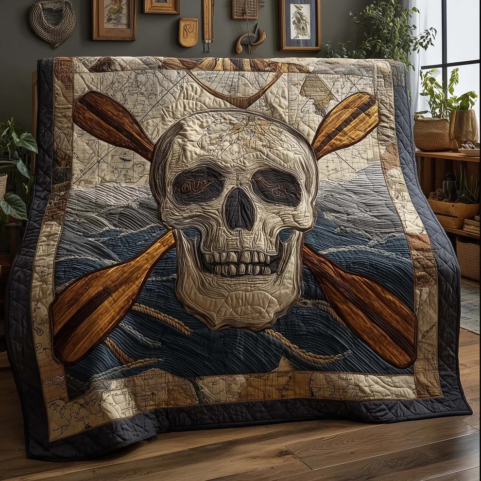 Skull Nautical Map Quilted Blanket Pirate Ocean Decor Best Gift For Kayak Paddle Lover