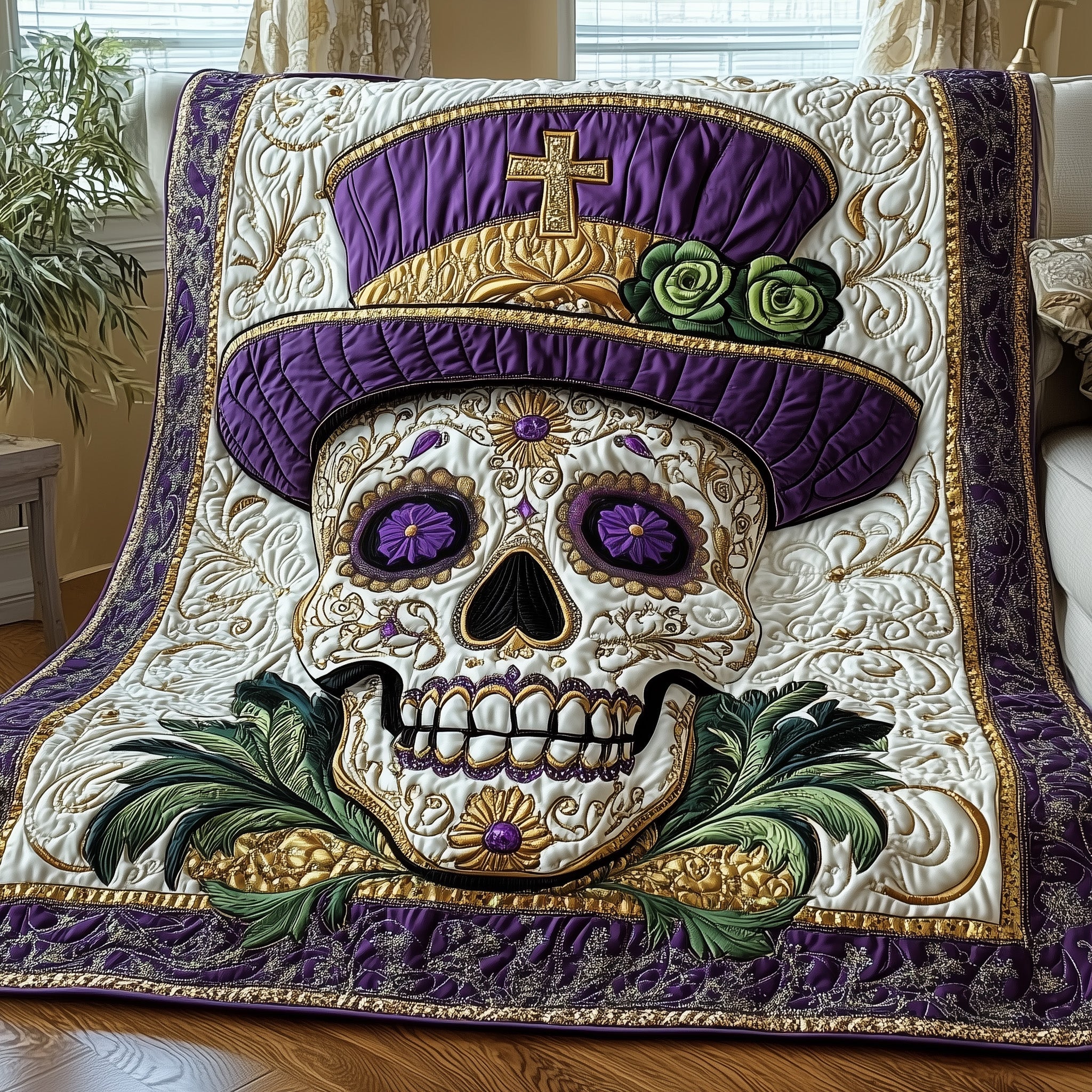 Skull of Celebration Quilted Blanket Cute Bed BlanketMardi Gras Gift Ideas