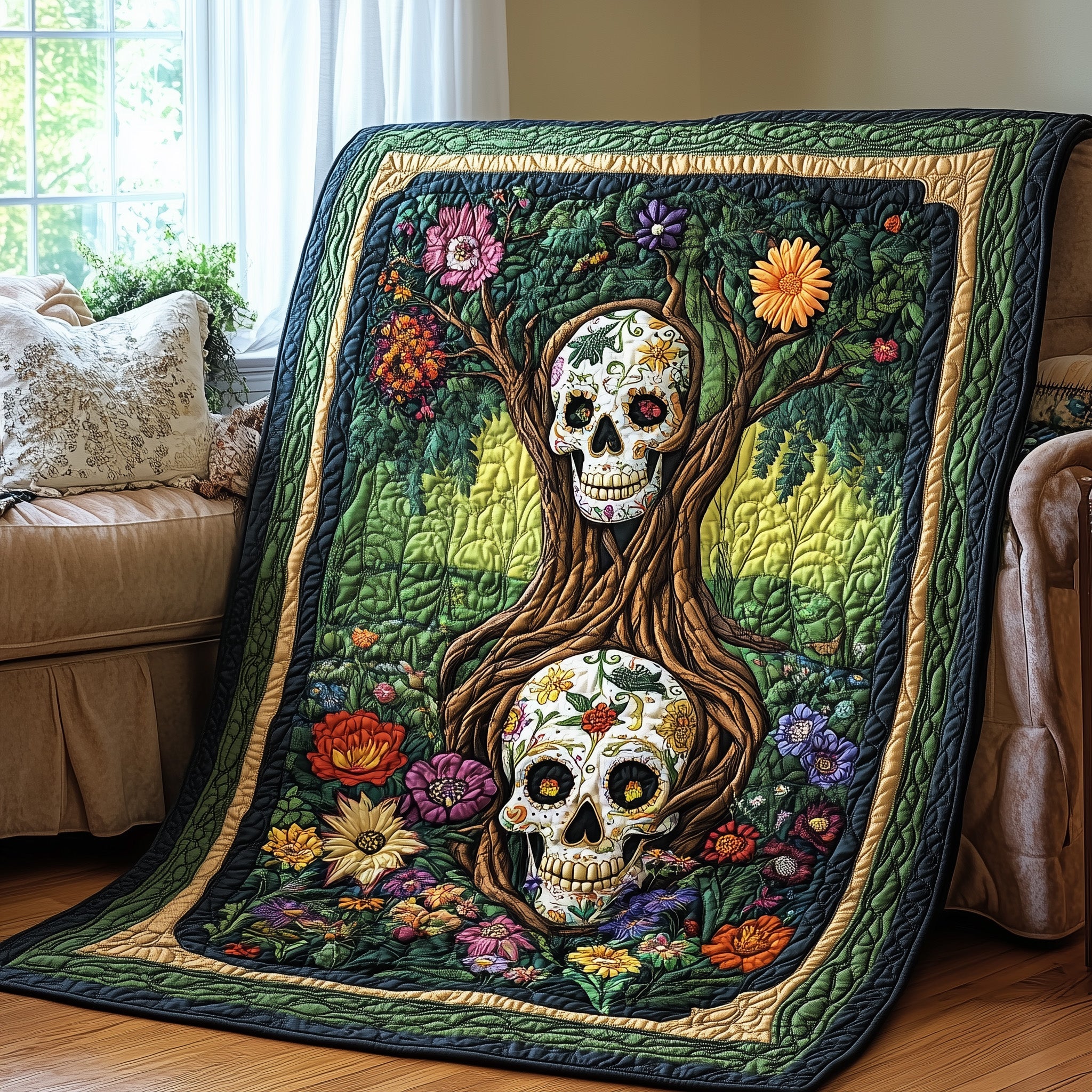 Skull of the Enchanted Woods Quilted Blanket Nice Throw BlanketSkull Xmas Presents 2025