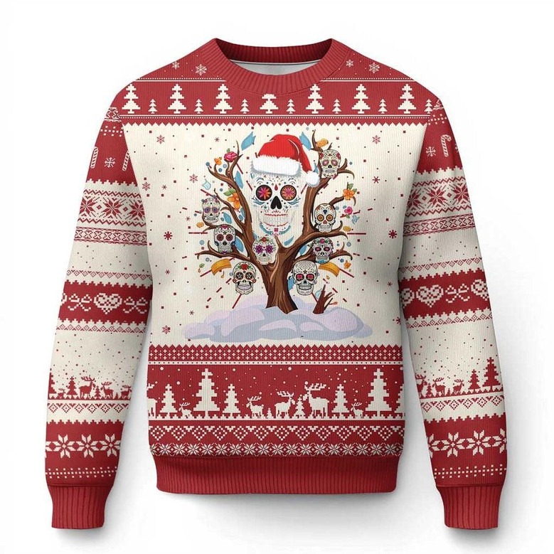 Skull On Tree Feliz Navidad Ugly Holiday Sweater Mexican Jumper Mexican Skull Souvenirs