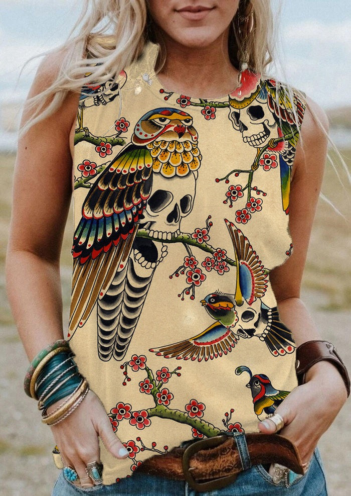 Skull Owl Pattern Tank Top Spooky Vintage Clothing Halloween Tank Top Gifts For Mom