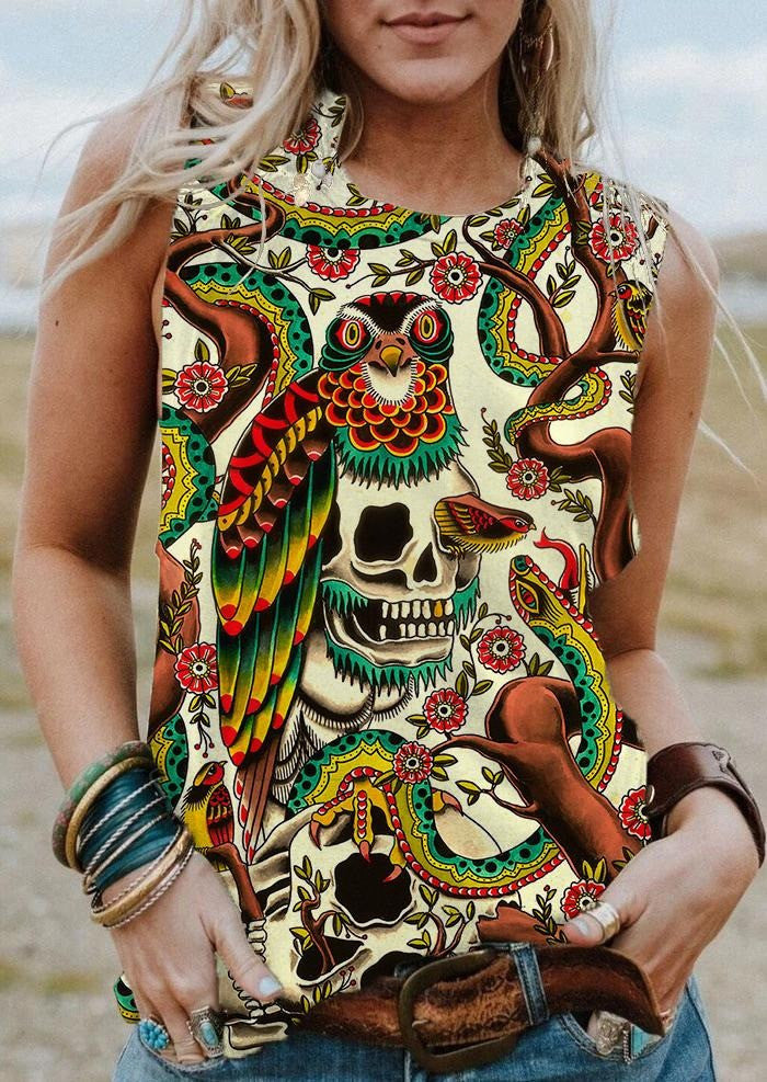 Skull Owl Pattern Tank Top Spooky Vintage Clothing Retro Halloween Clothes Gifts For Her Skull Owl Pattern Tank Top Spooky Vintage Clothing Retro Halloween Clothes Gifts For Her