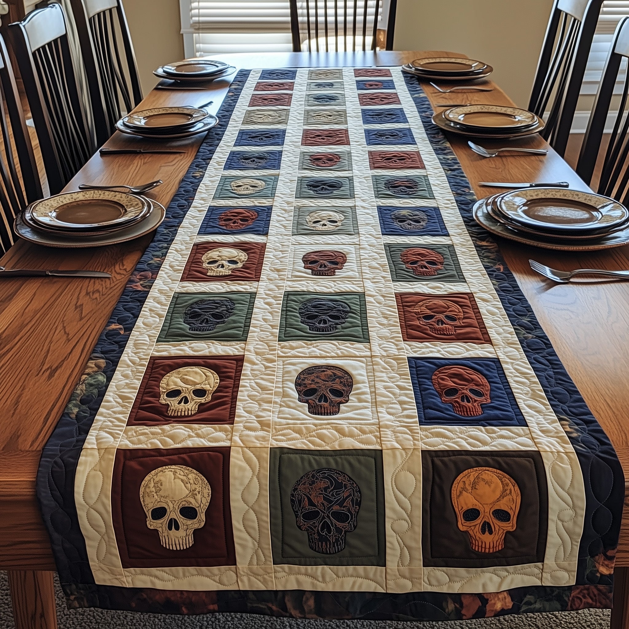 Skull Patchwork Quilted Table Runner Christmas Dining Room Table Runner