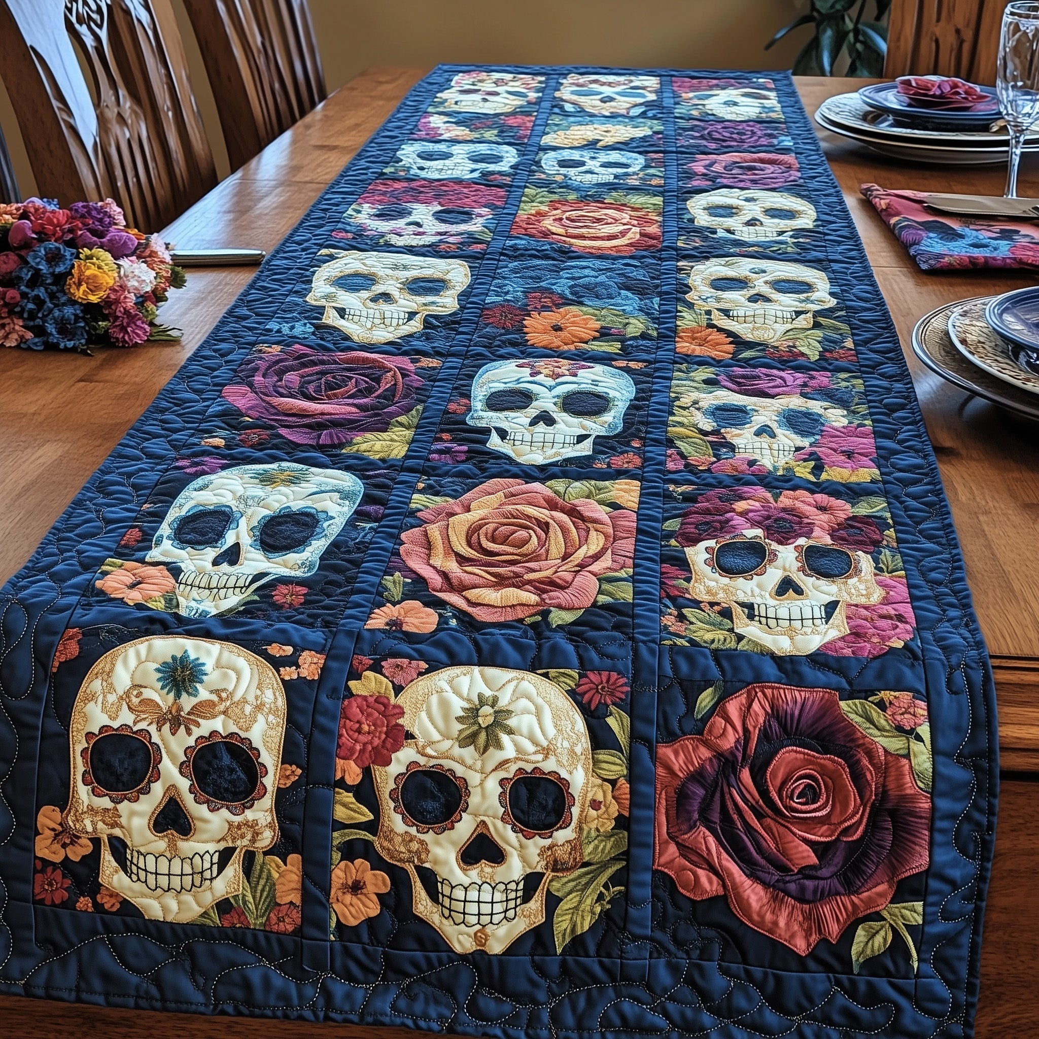 Skull Patchwork Quilted Table Runner Christmas Table Runner