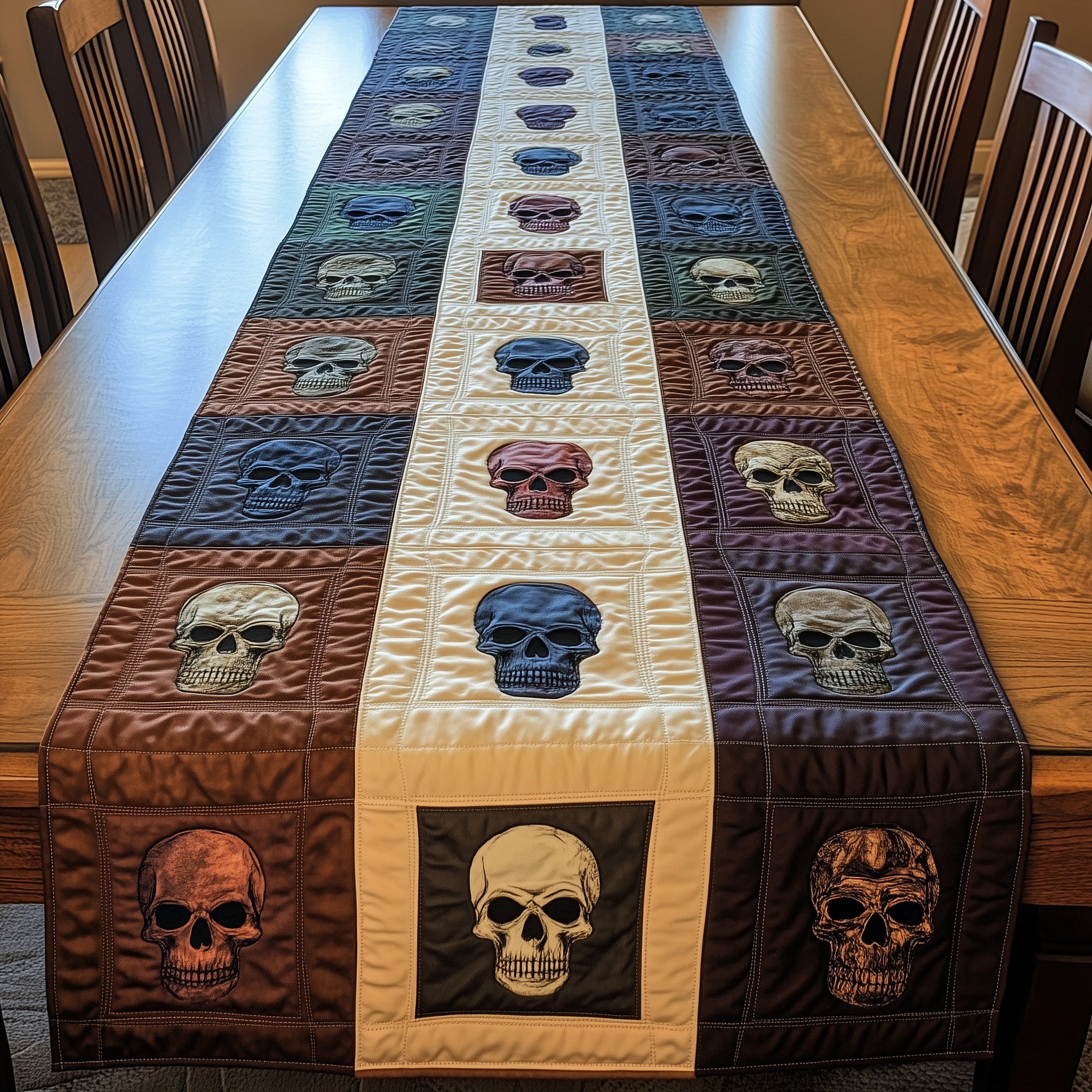Skull Patchwork Quilted Table Runner Holiday Banquet Table Runner