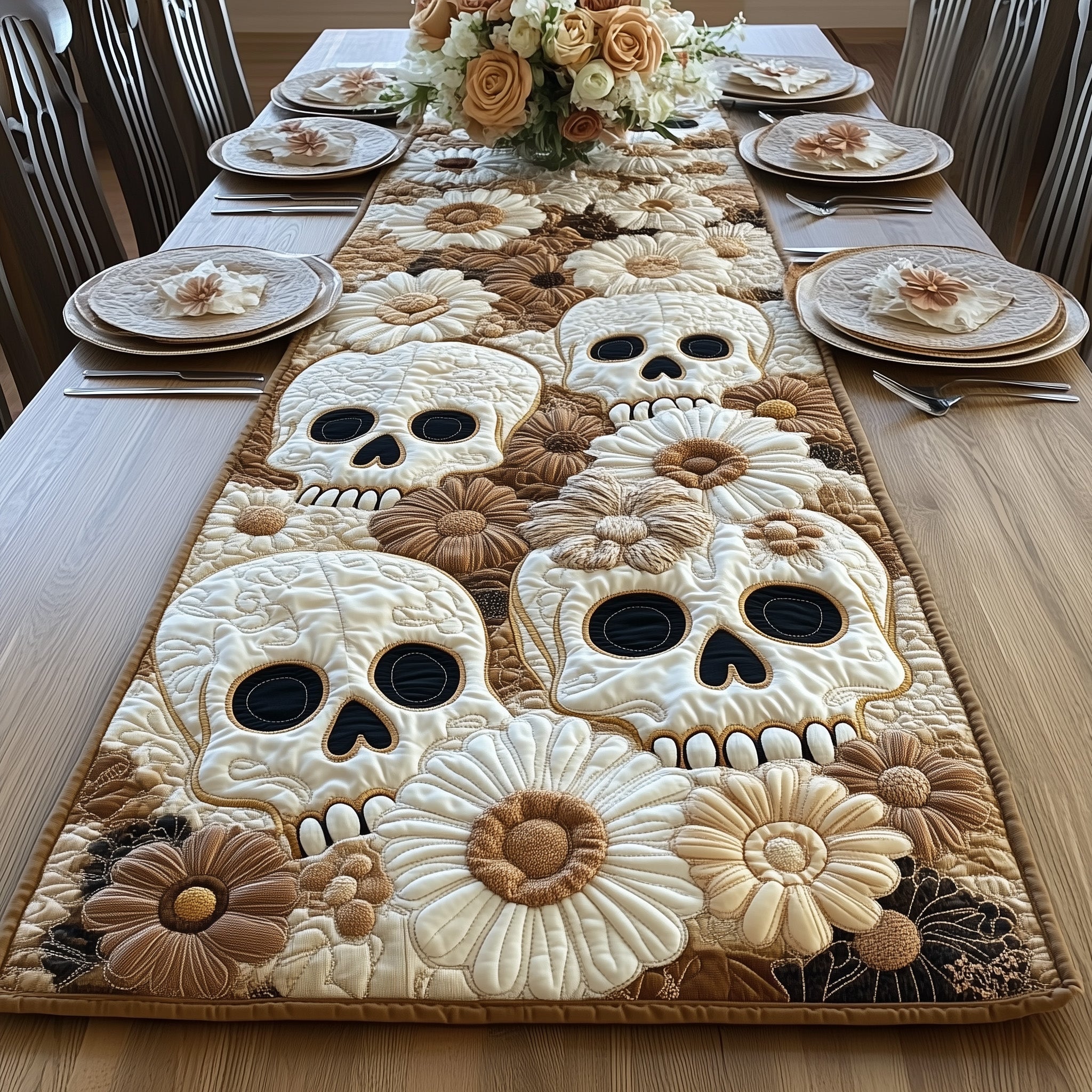 Skull Patchwork Quilted Table Runner Holiday Season Table Runner