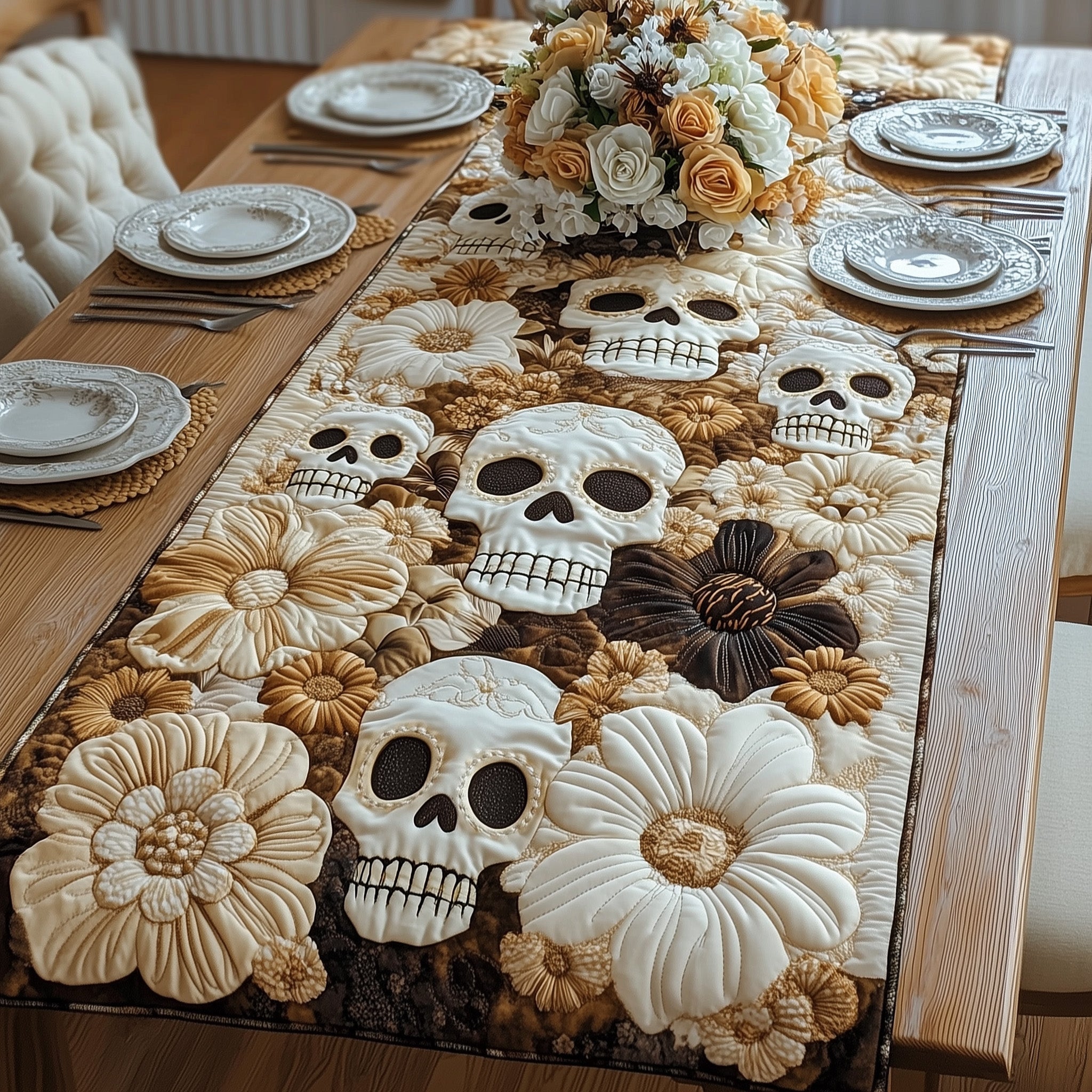Skull Patchwork Quilted Table Runner Merry Christmas Table Runner Decor
