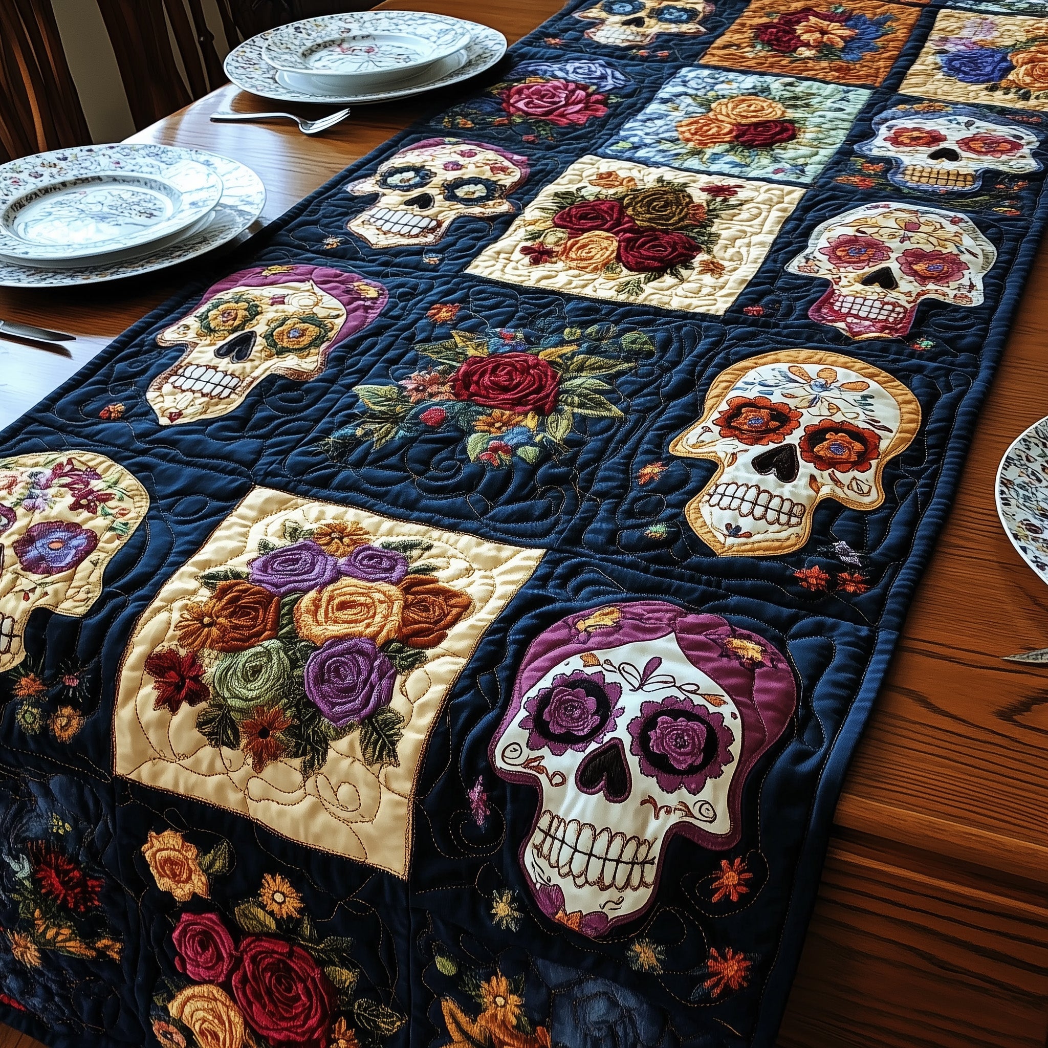 Skull Patchwork Quilted Table Runner Table Runner Gift for Holiday Season