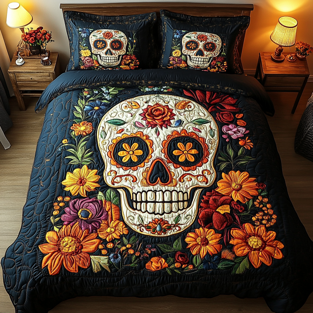 Skull Petals Quilted Bedding Set Duvet Cover Bed Sheet Set Cute Skull Gifts