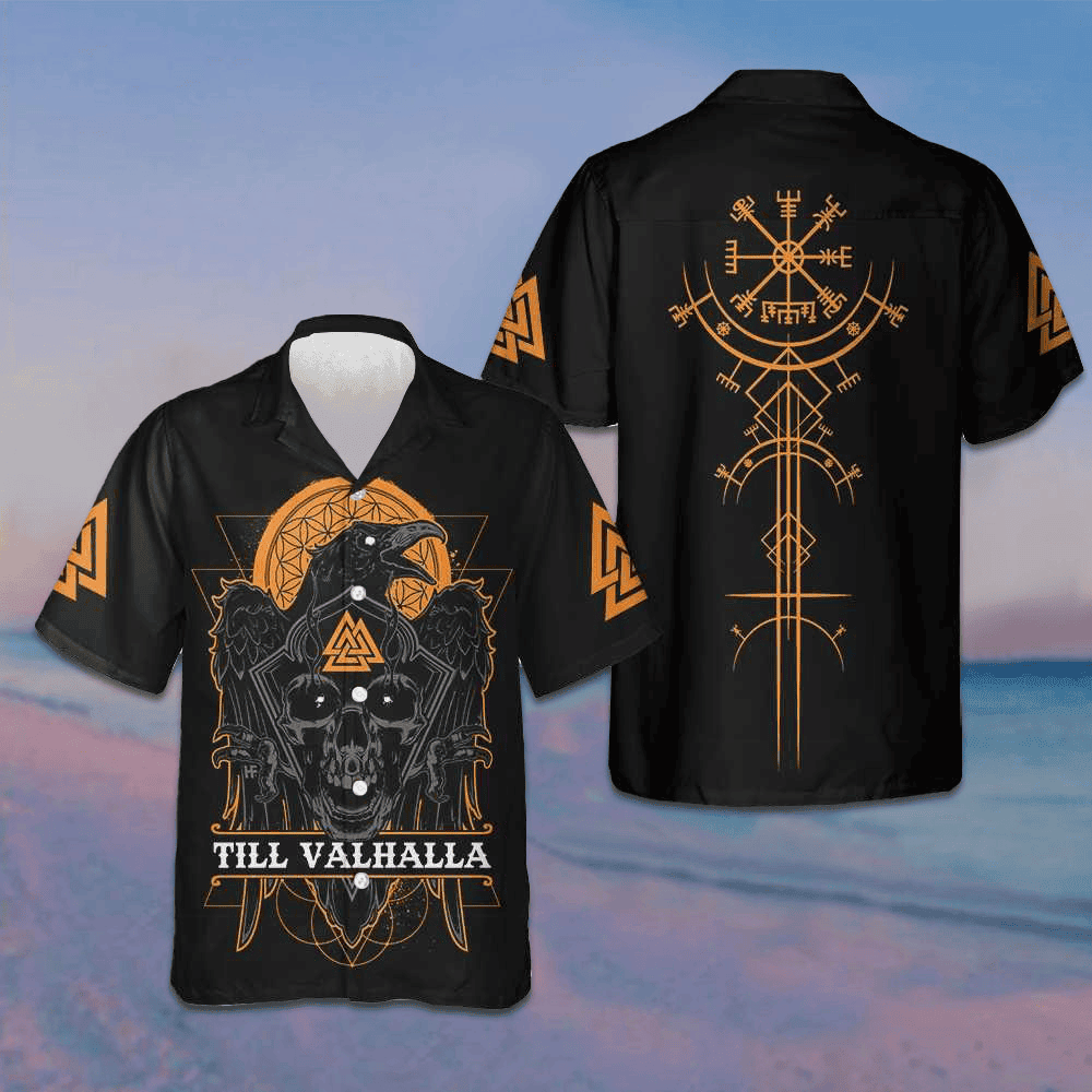 Skull Raven Till Valhalla Hawaiian Shirt Mens Summer Short Sleeve Shirts Gifts For Son