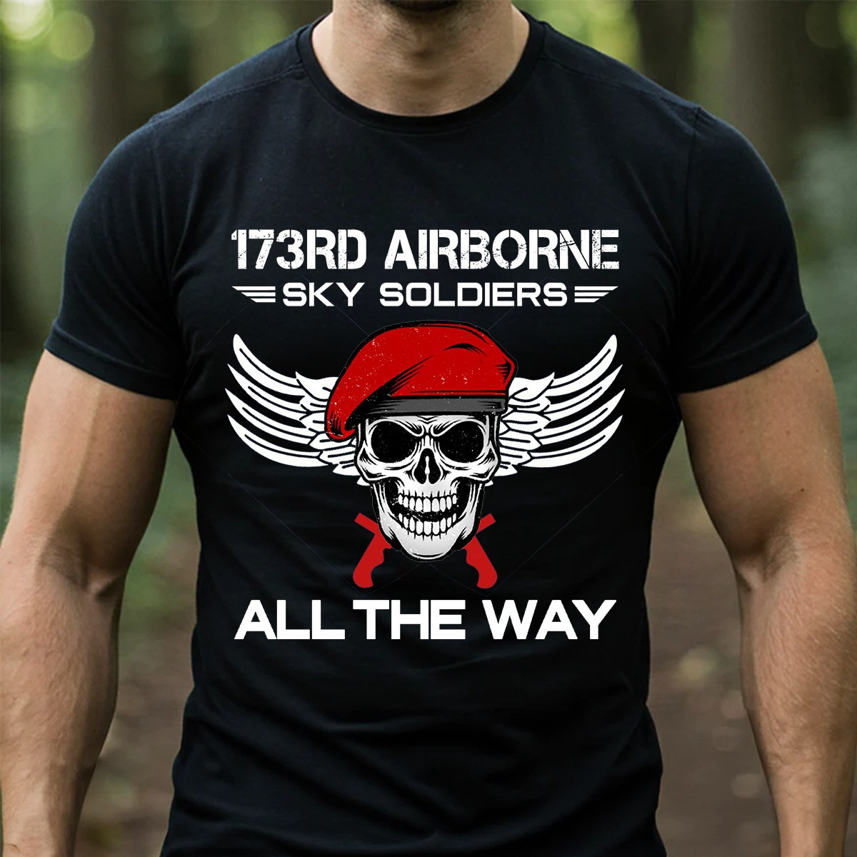 Skull Red Beret 173rd Airborne Veteran T-Shirt Sky Soldiers All The Way Military Tee Gifts