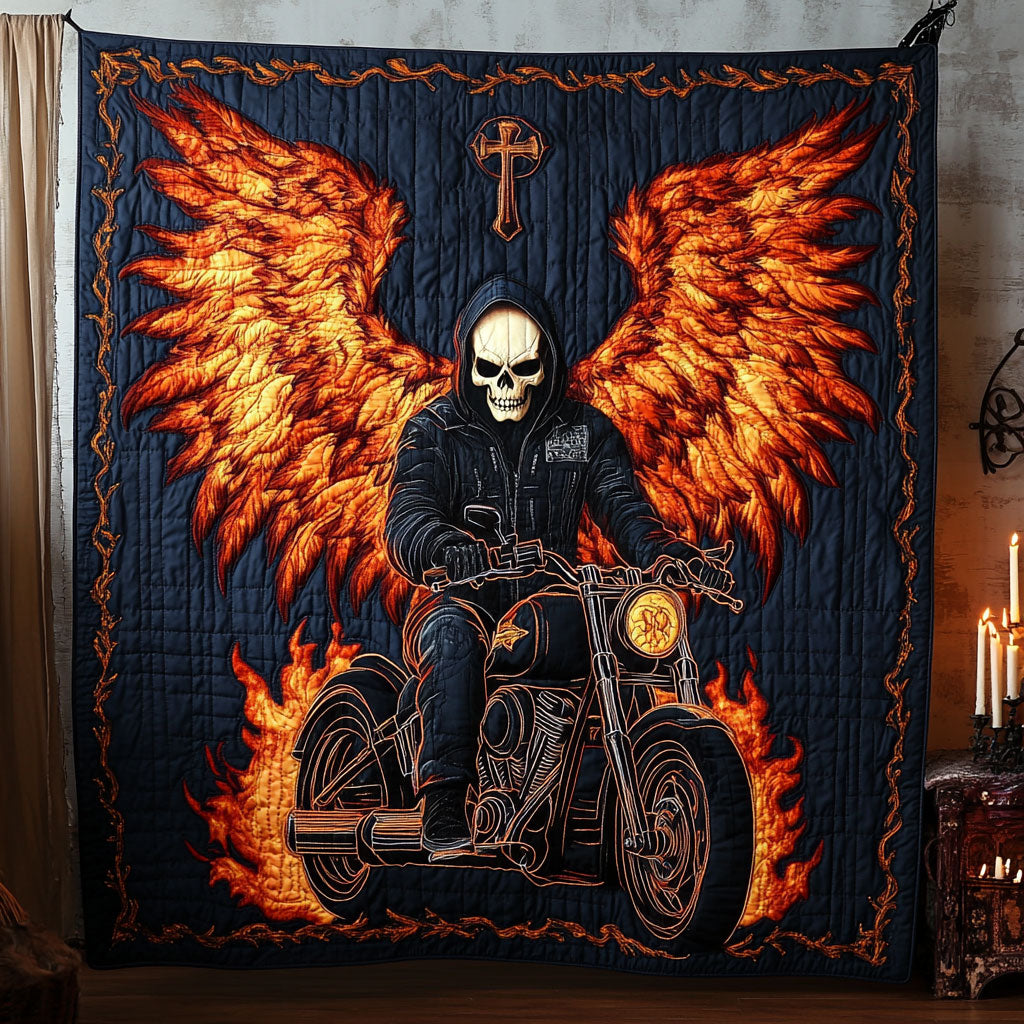 Skull Rider Fiery Wings Quilt Thoughtful Holiday Gift Featuring Quilt Blanket