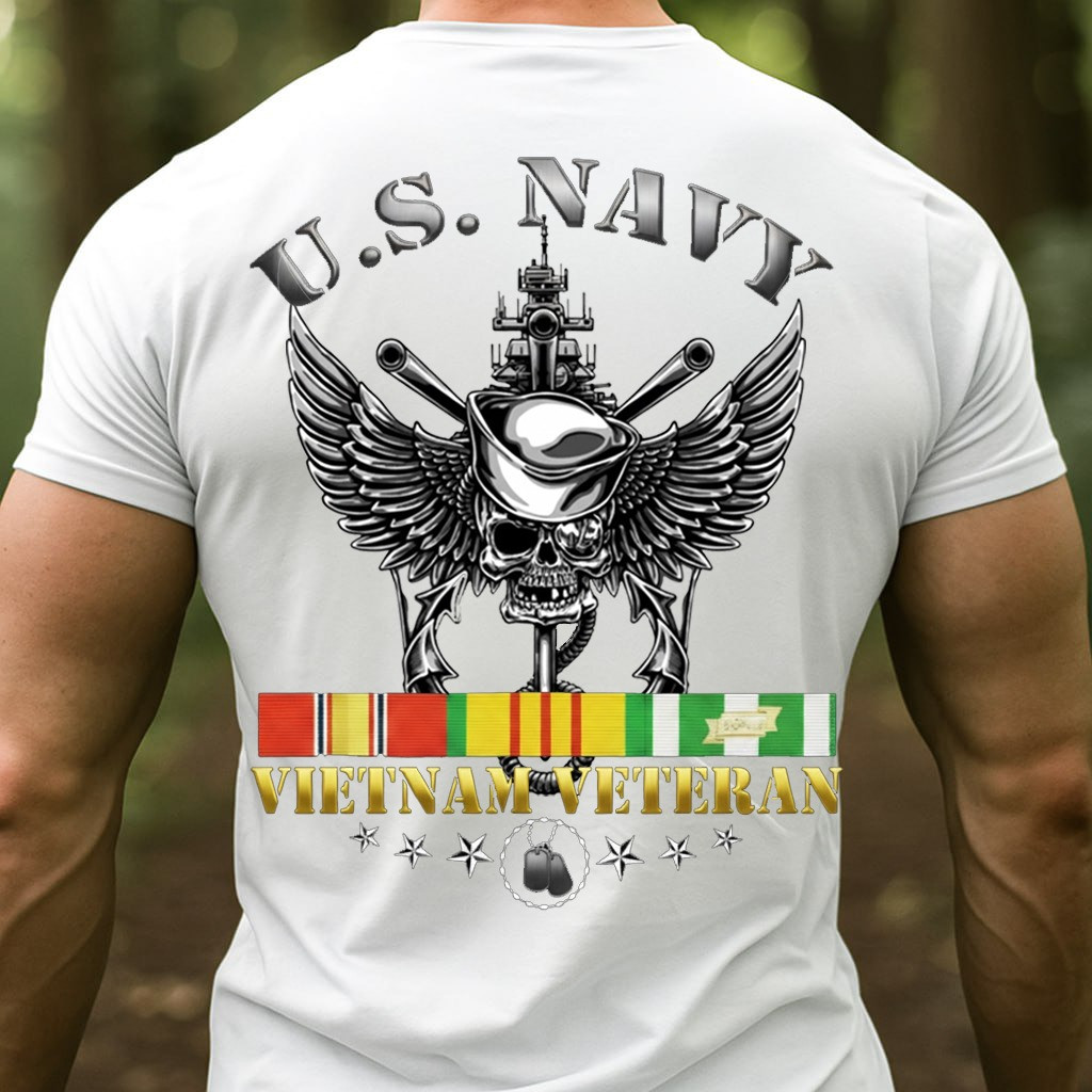 Skull Sailor And Warship U.S. Navy Vietnam Veteran T-Shirt Service Ribbon Gifts For Veterans Day