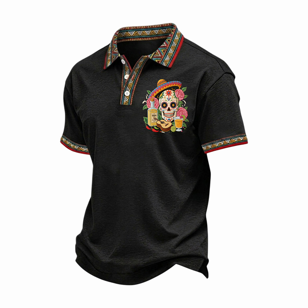Skull Tequila Guitar Polo Shirt Festival Mens Apparel Mexican Gift Items