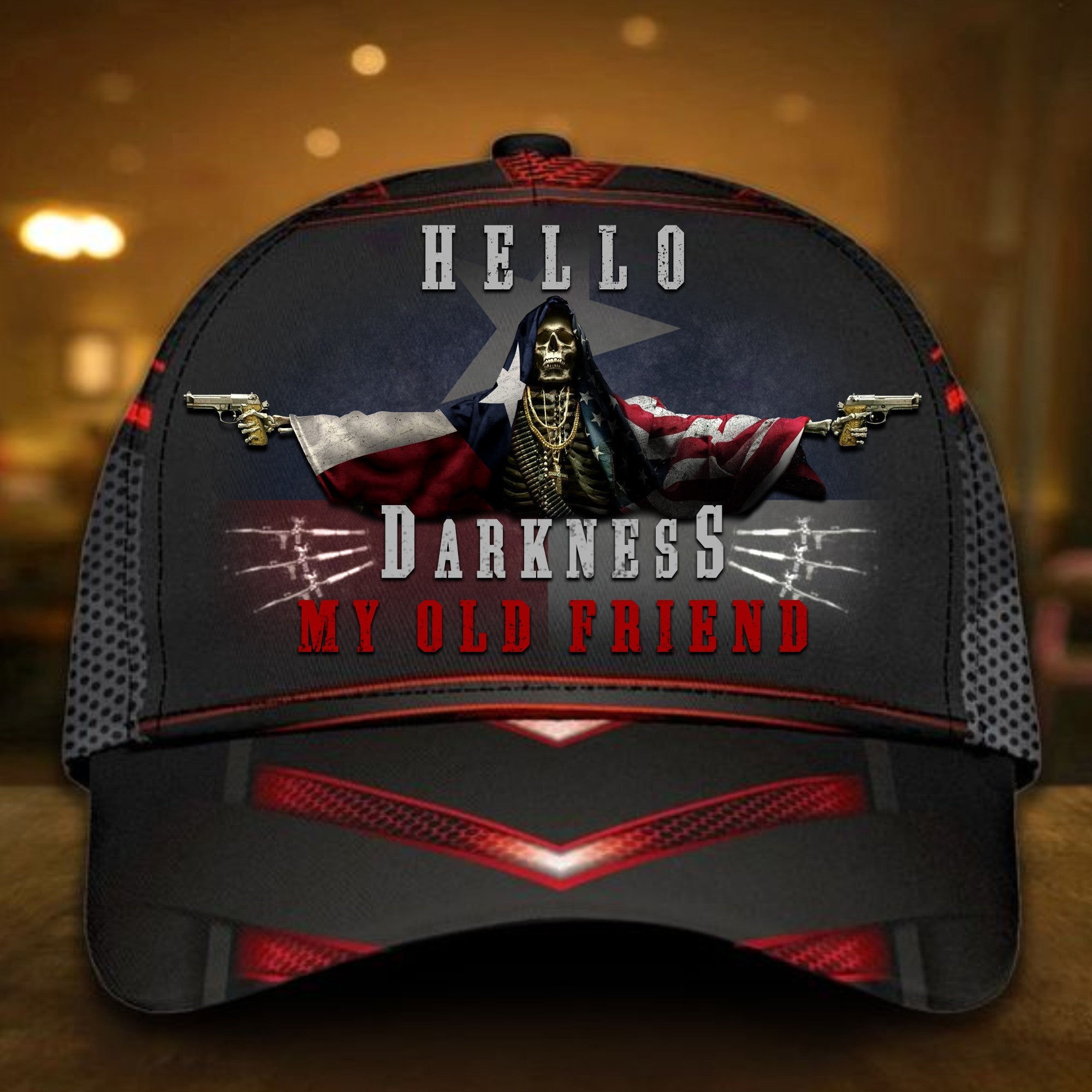 Skull Texas And American Flag Hat Hello Darkness My Old Friends Hat