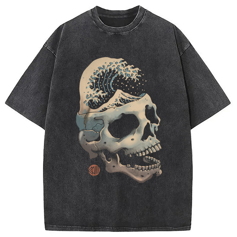Skull Wave Washed T-Shirt Minimal Retro Graphic Clothing Gifts For Besties
