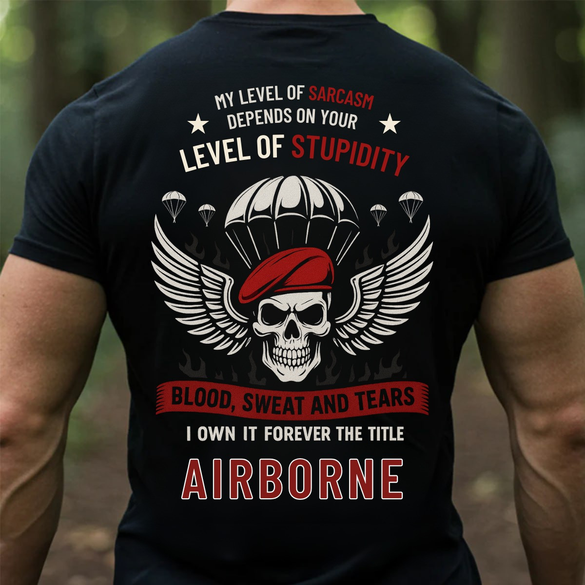 Skull Wings Airborne Veteran T-Shirt Level Of Stupidity Blood Sweat And Tears Veteran Merch