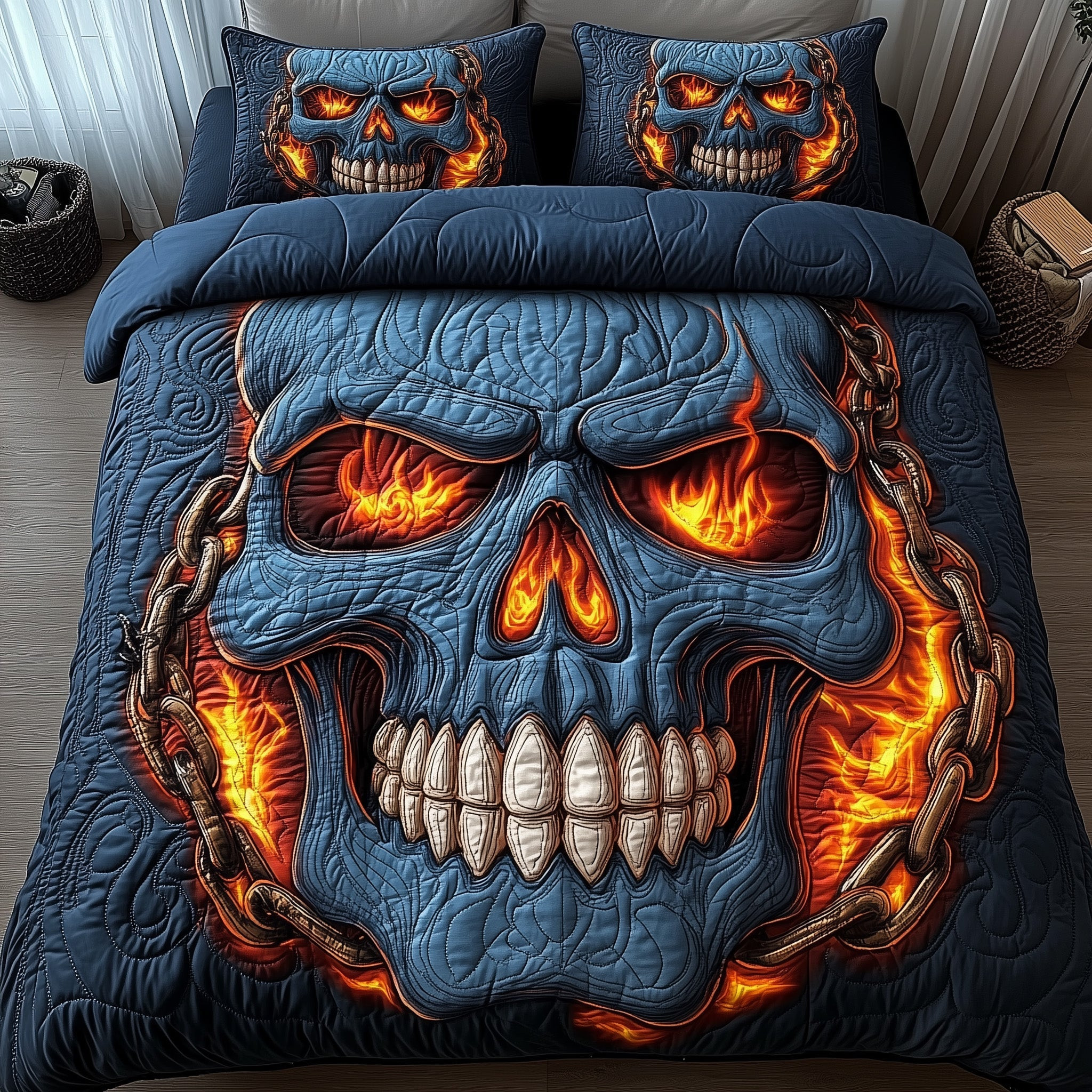 Skull With Chains Quilted Bedding Set Fire Eyes Skeleton Horror Home Bedroom Decor Gifts
