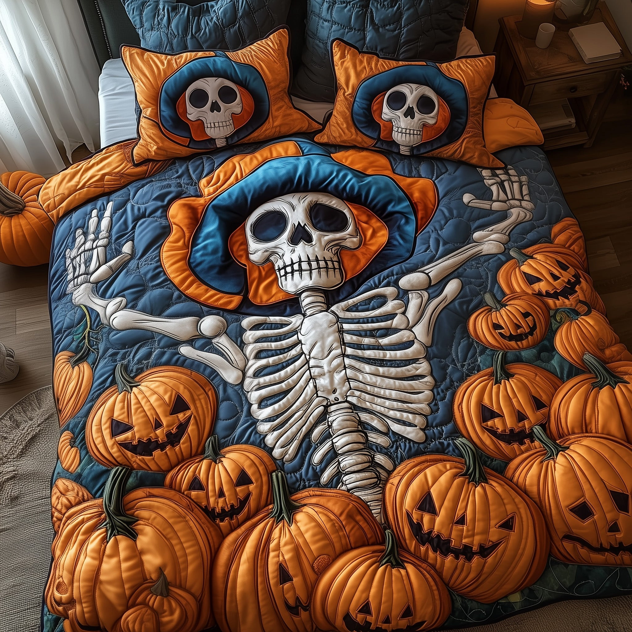 Skull With Pumpkin Quilted Bedding Set Pumpkin Season Happy Halloween Day Gift Ideas