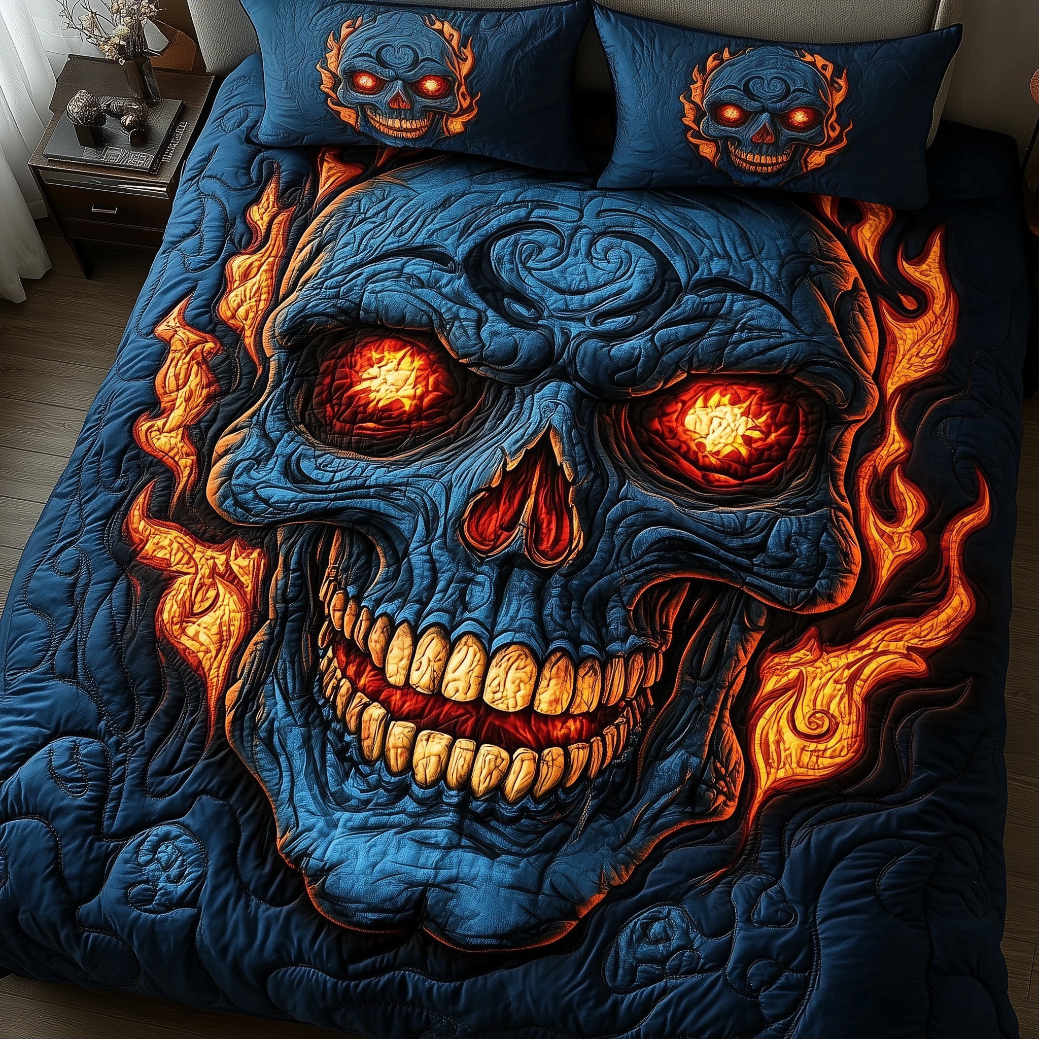 Skull With Roses Quilted Bedding Set Fire Eyes Skeleton Halloween Horror Bedroom Decor Gift