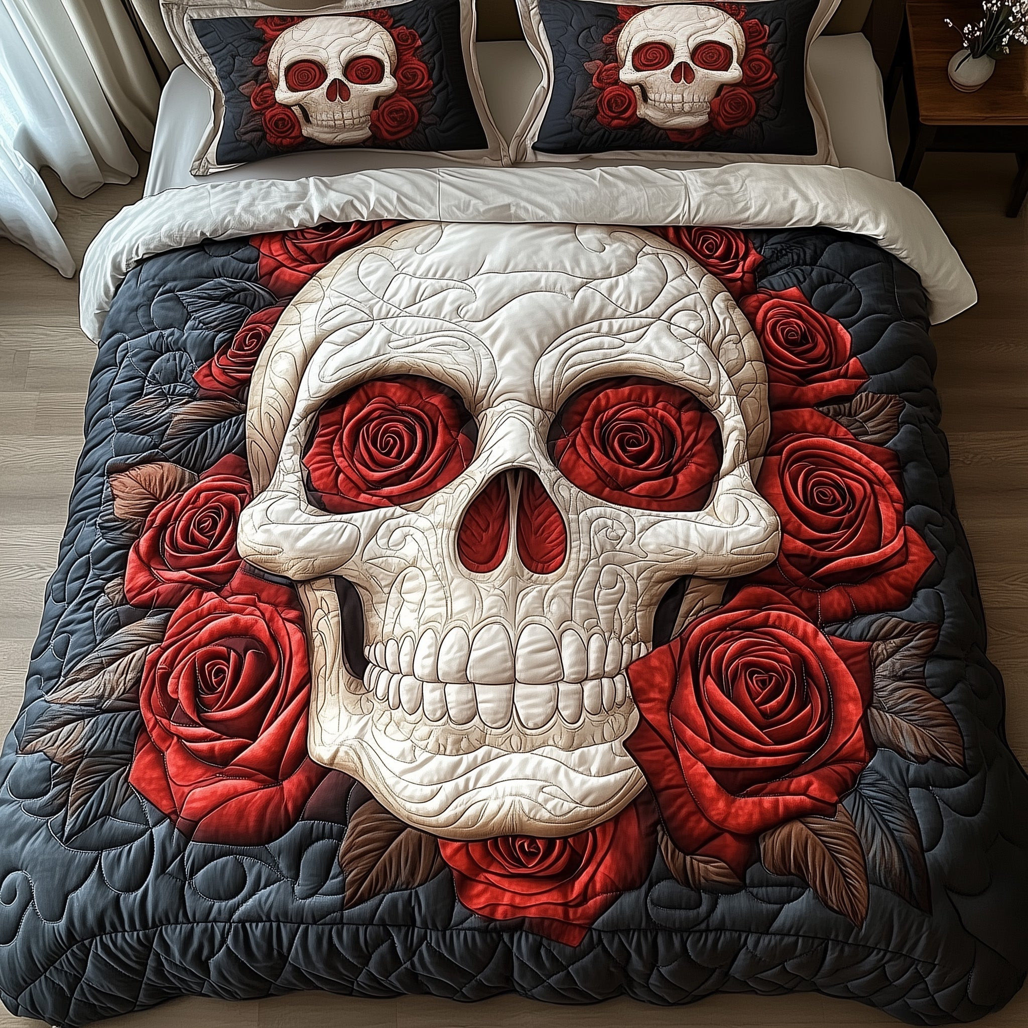 Skull With Roses Quilted Bedding Set White Skull With Roses Happy Halloween Design Gift Ideas