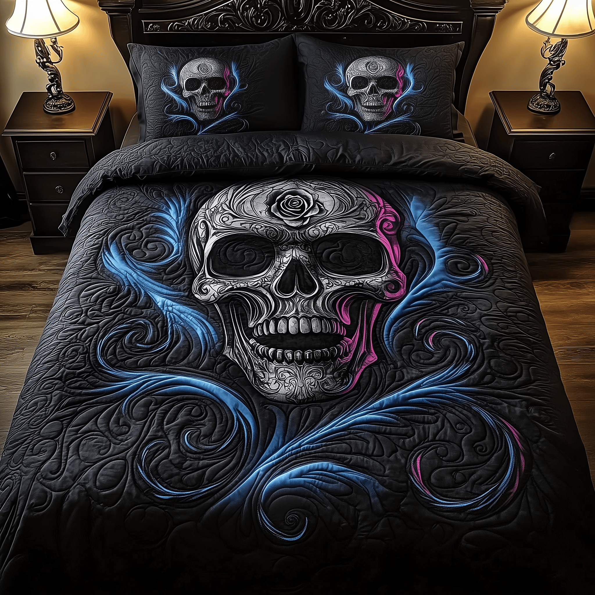 Skulll Quilted Bedding Set Christmas Bedding Set Top Christmas Gifts 2024