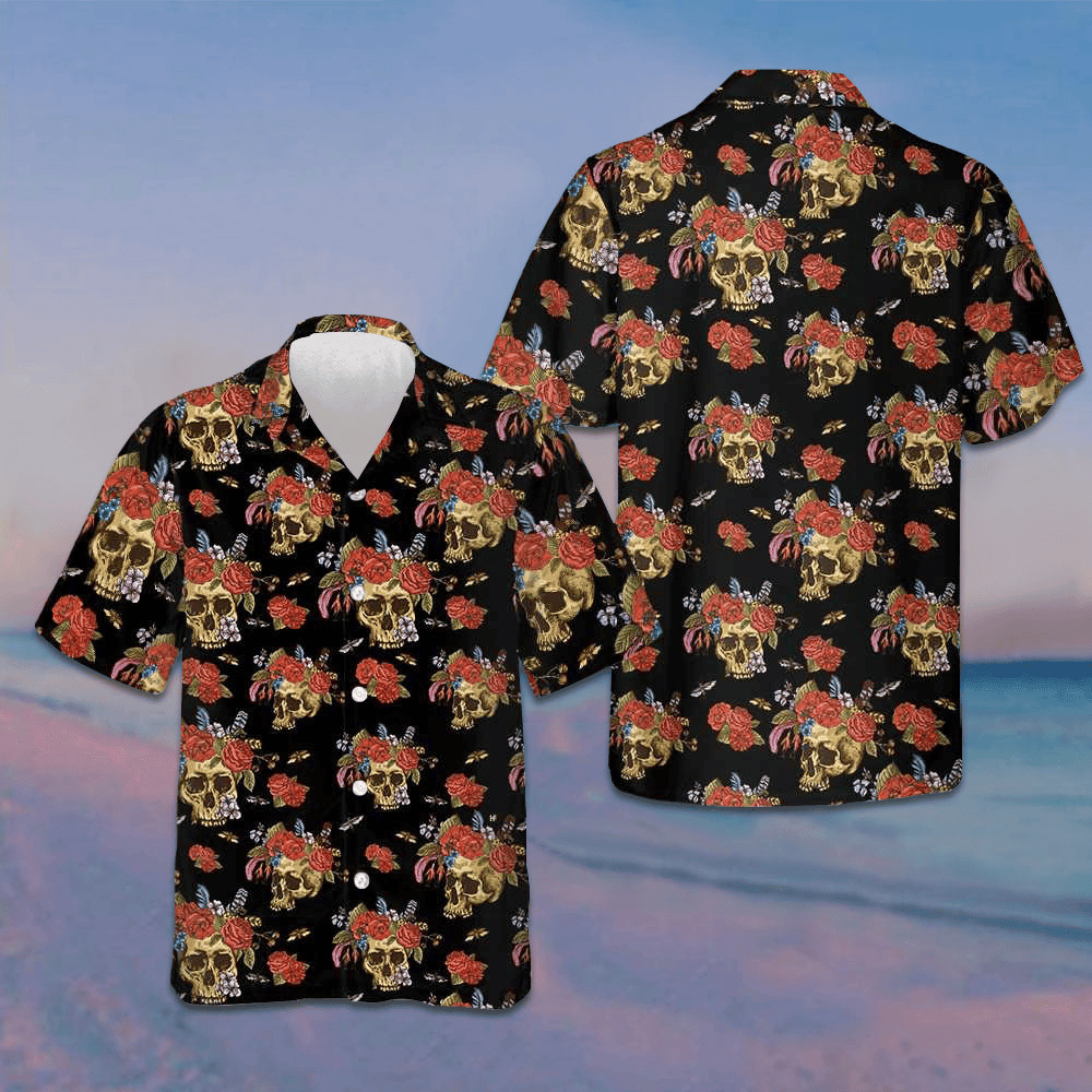 Skulls And Flowers Day Of The Dead Hawaiian Shirt Short Sleeve Button Up Men Gift Ideas