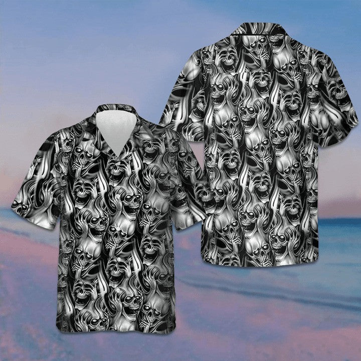 Skulls Hawaiian Shirt Horror Scary Men's Button Down Shirt Gifts For Halloween 2024
