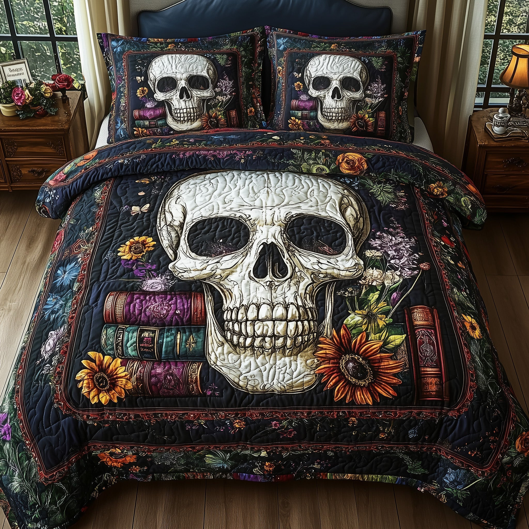 Skulls Library Quilted Bedding Set Book And Skull Decor Haunted Bedding Theme Gifts