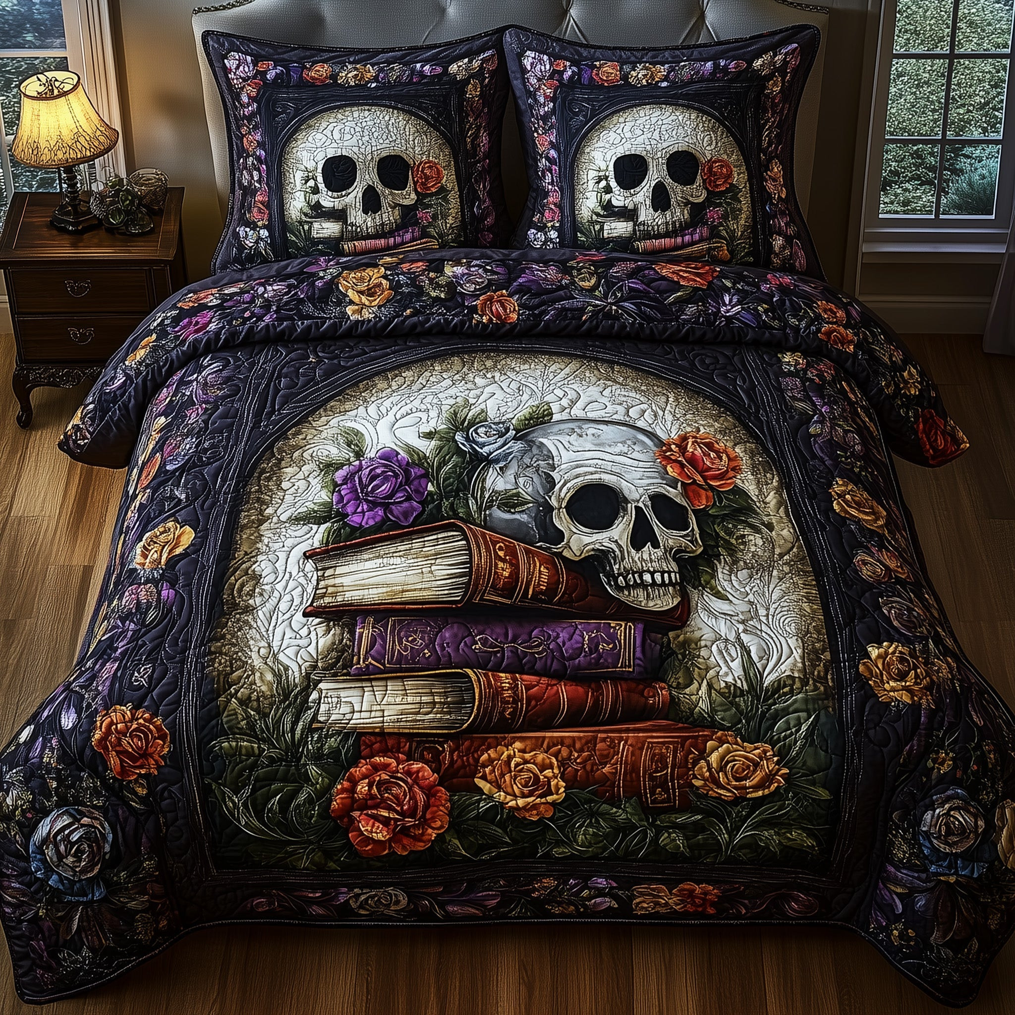 Skulls Library Quilted Bedding Set Scary Skull With Books Themed Halloween Bedding Gifts