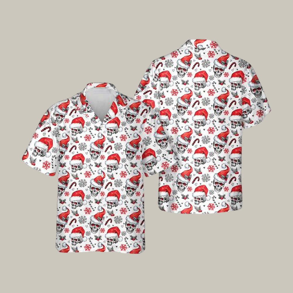 Skulls Santa Hats Christmas Seamless Pattern Skull Hawaiian Shirt Vintage Aloha Shirt Gift For Dad