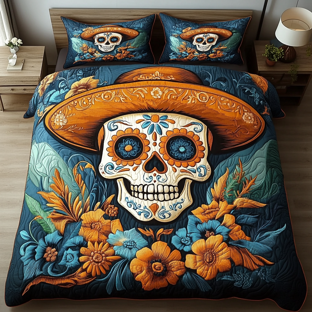 Skully Bloom Quilted Bedding Set Cute Room Decor Skull Related Gifts
