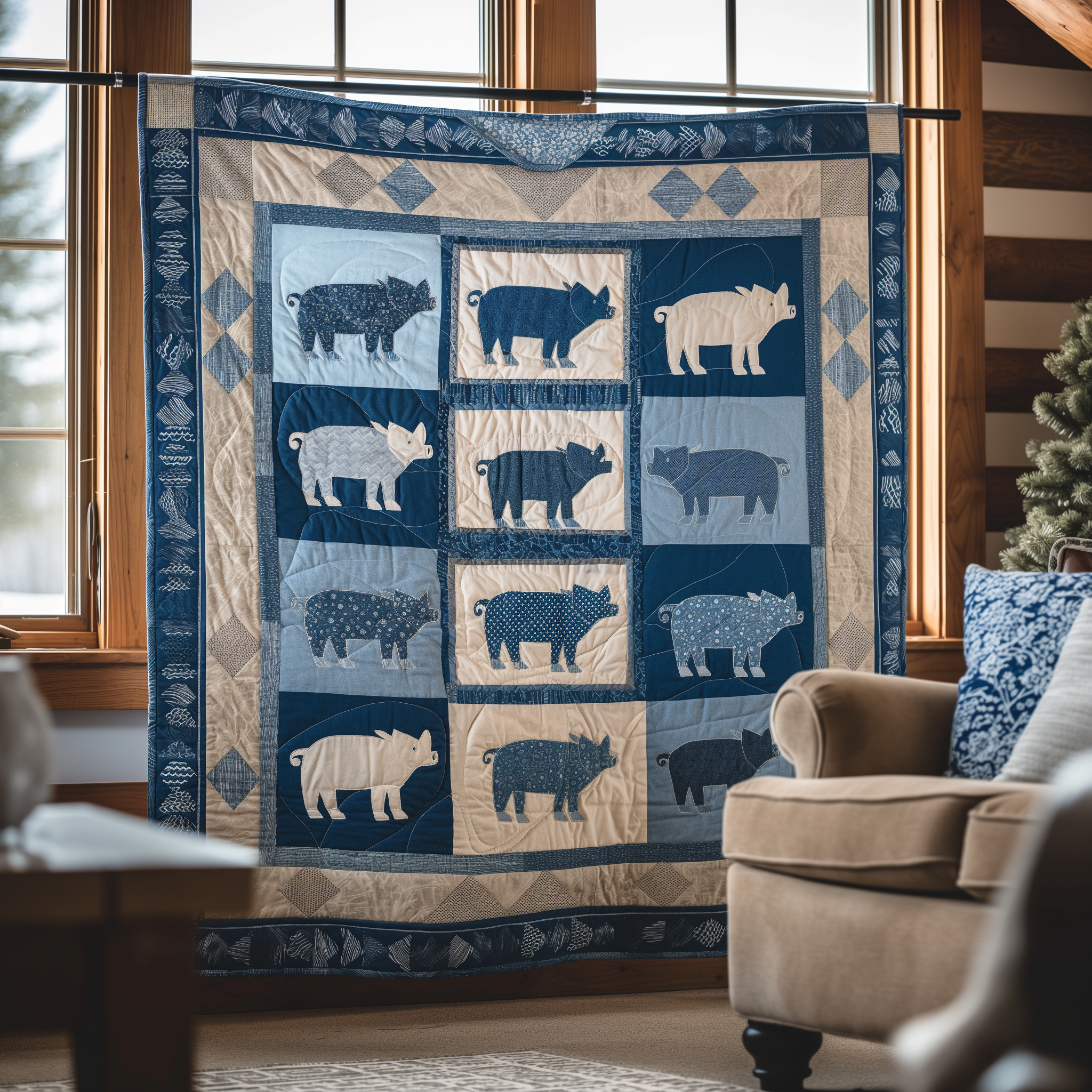 Sky and Snow Pig Quilted Blanket Cute Christmas Blankets