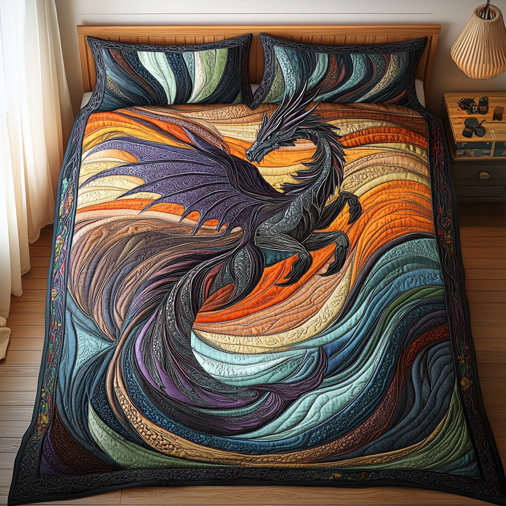 Sky Serpent Quilted Bedding Set Cozy Bedroom Decor Birthday Gifts For Dragon Lovers