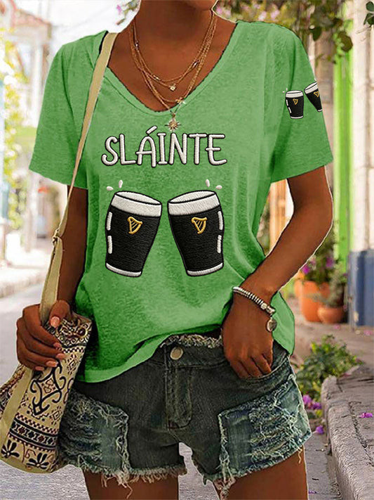 Sla&Atilde;&OElig;&Acirc;inte Guinness Cheers V-Neck Shirt St Patrick's Day Irish Green Women Beer Party Outfit