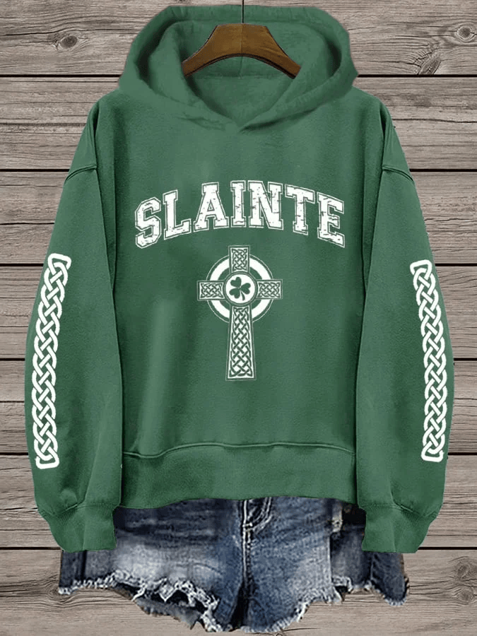 Slainte Celtic Cross Hoodie St Patrick's Day Green Irish Pride Knot Sleeve Party Outfit