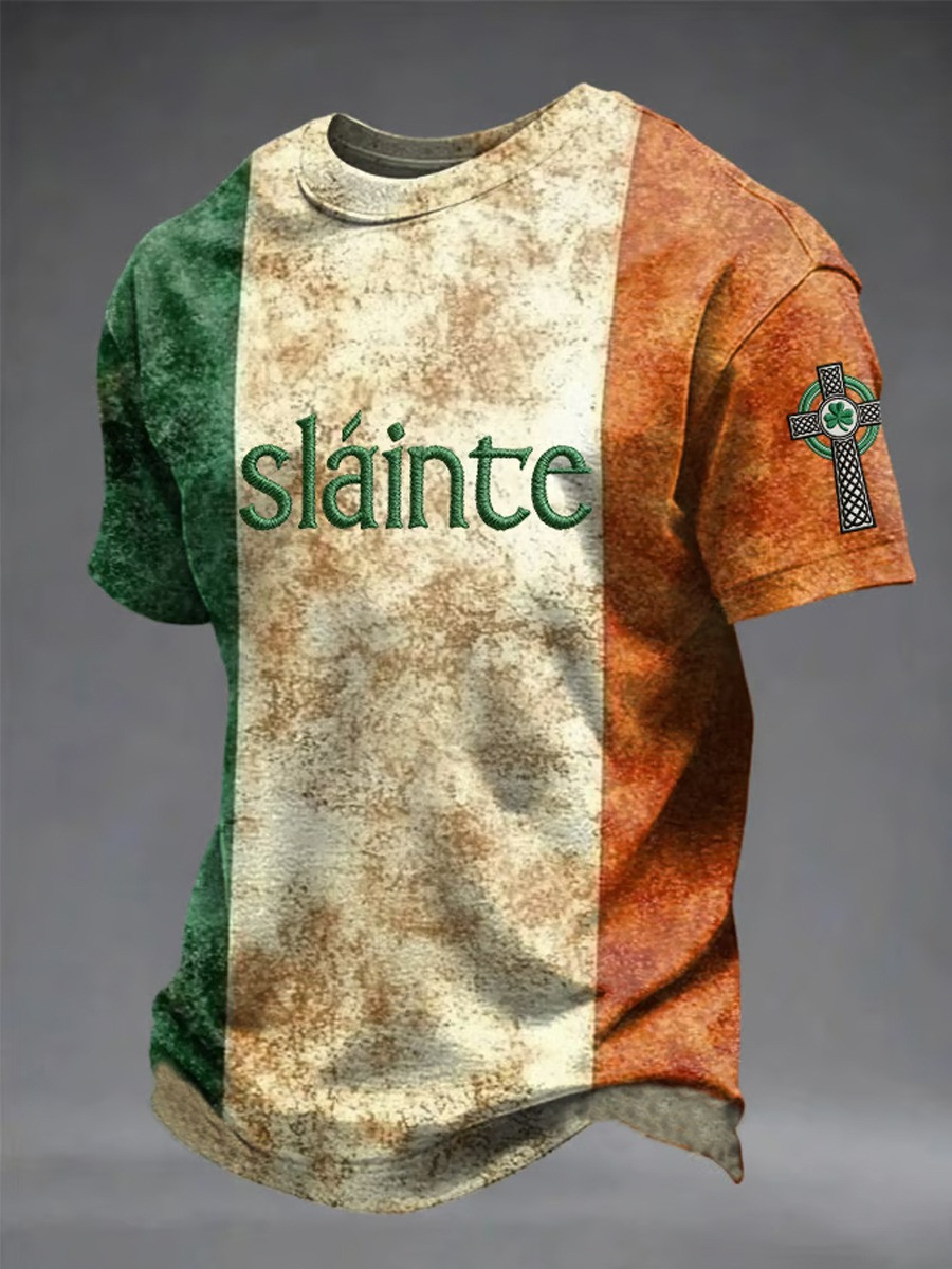 Slainte Irish Flag Graphic T-Shirt St Patricks Day Celtic Cross Distressed Tee Best Gift For Irish Fans