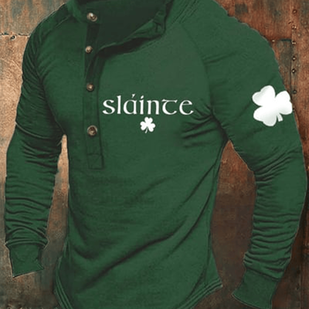 Slainte Shamrock Button Long Sleeve Shirt St Patrick's Day 2026 Clothing Gift Ideas