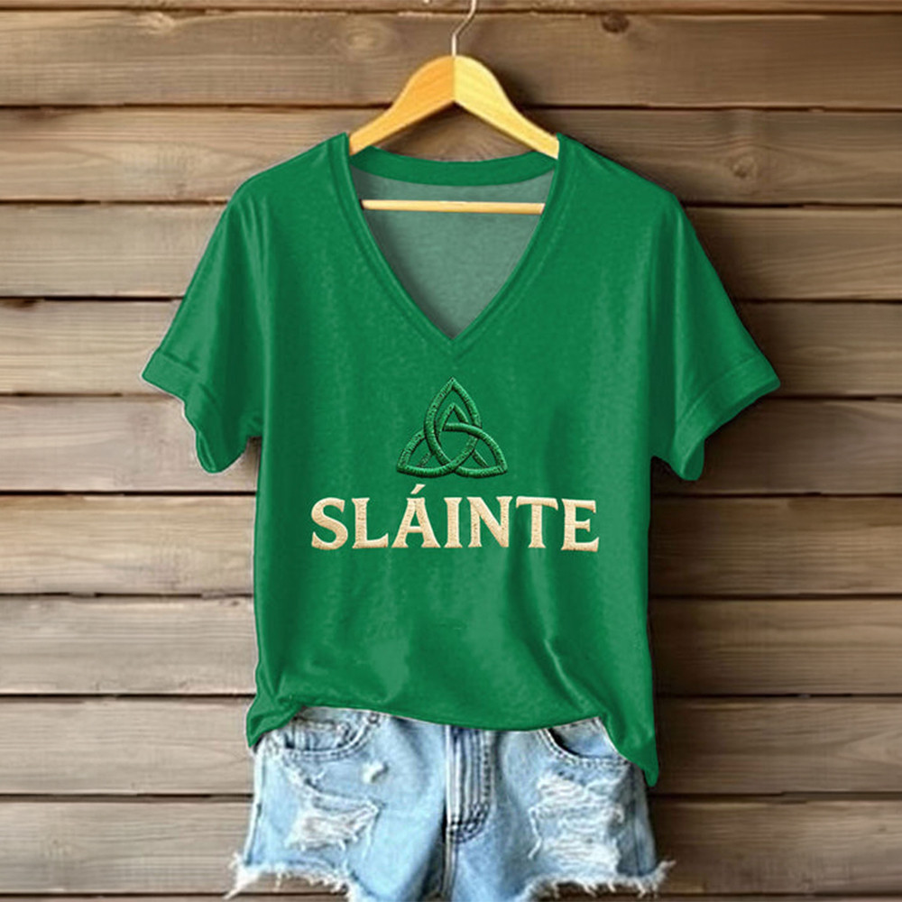 Slainte Trinity Knot V-Neck Shirt Saint Patrick's Day Clothes Best Shamrock Day Gift For Girlfriend