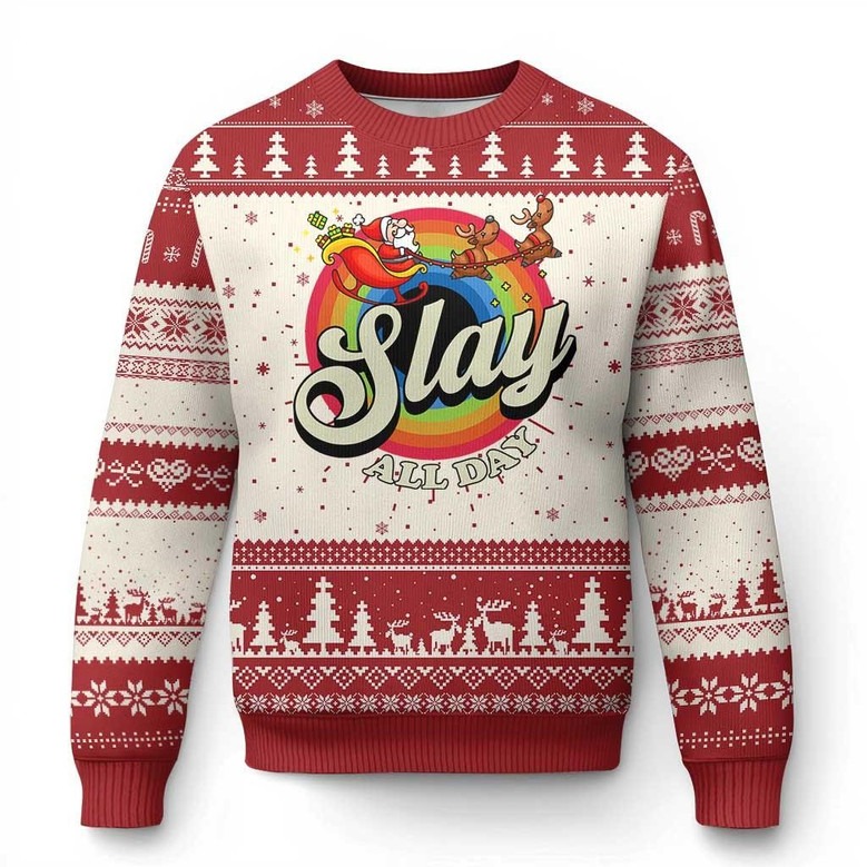 Slay All Day Sleigh Rainbow Ugly Holiday Sweater Funny Jumper LGBT Merch Gift For Supporters