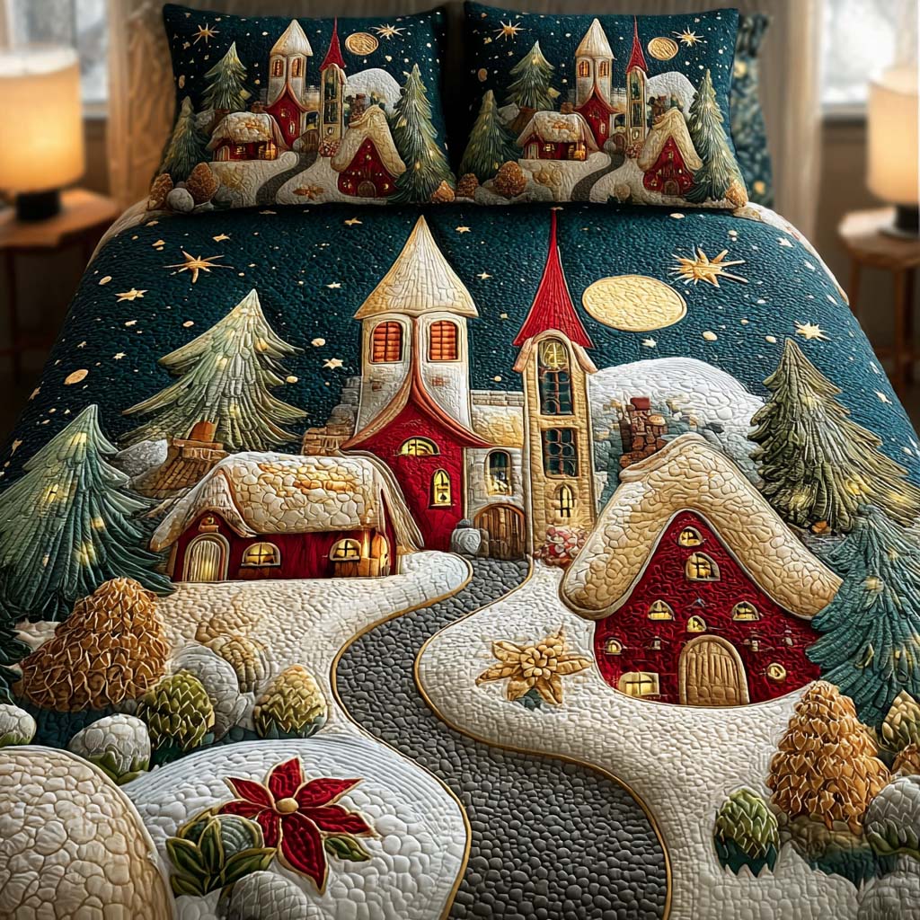 Sleep In Christmas Town Quilted Bedding Set Queen Size Quilt Christmas Surprise Gift For Grandma