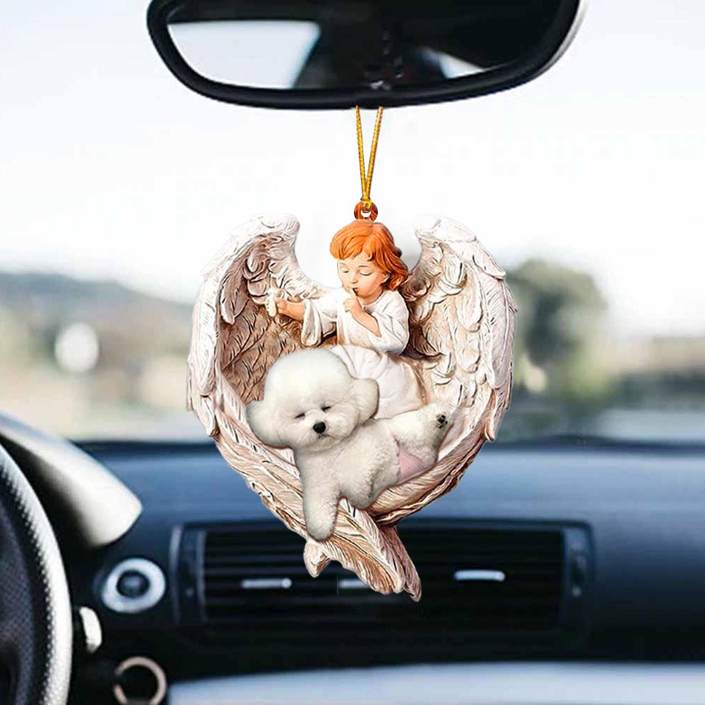 Sleeping Bichon Frise Protected By Angel Car Hanging Ornament