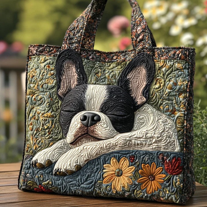 Sleeping Boston Terrier Floral Quilted Tote Bag Dog Mom Pet Lover Botanical Nature Gift For Mom