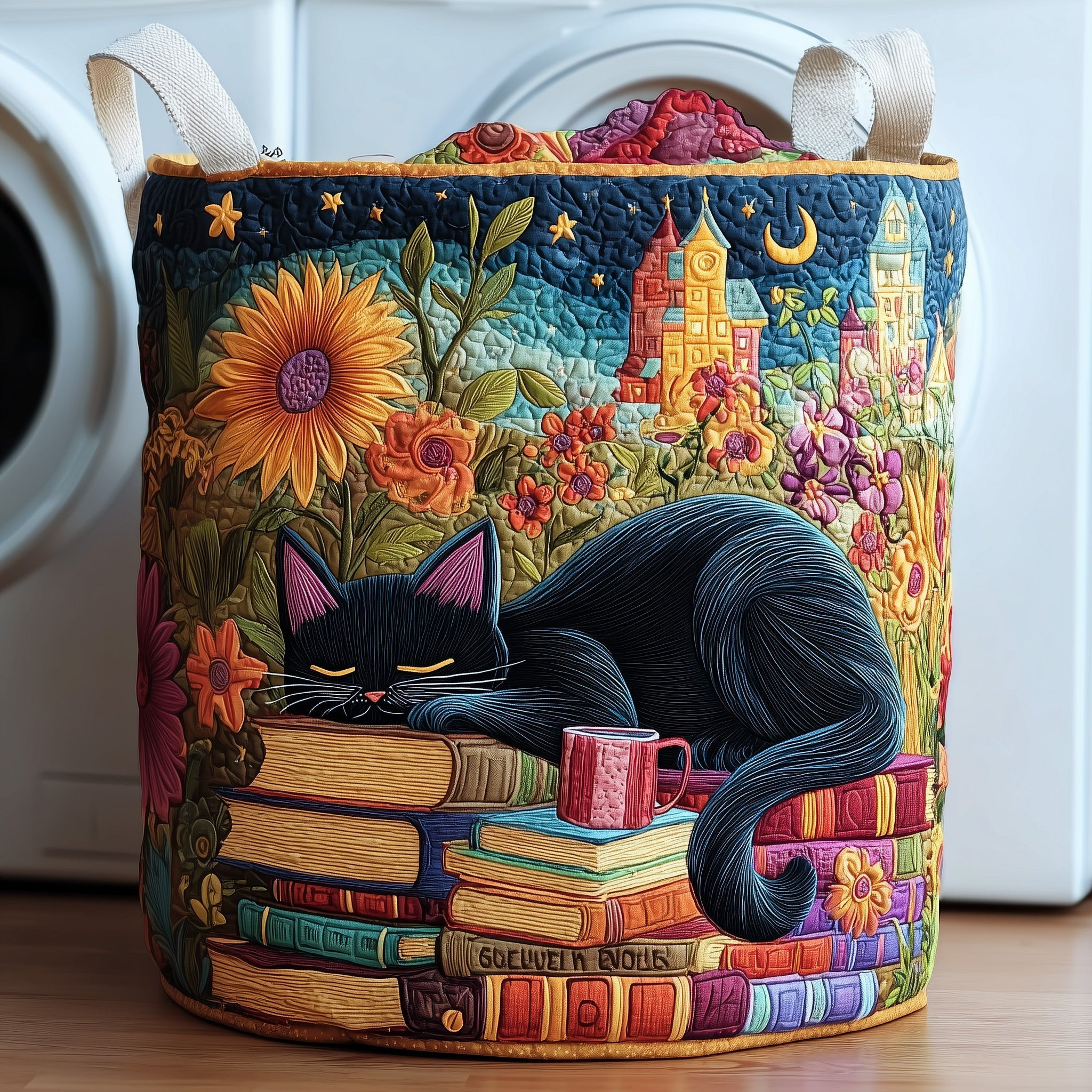 Sleeping Cat Quilted Laundry Basket Cozy Living Decor Gifts For Book Reader