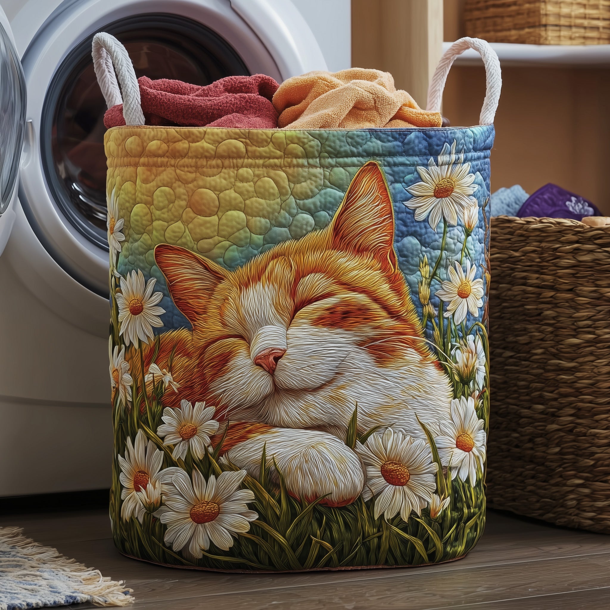Sleeping Cat Quilted Laundry Basket Merch For Family Time
