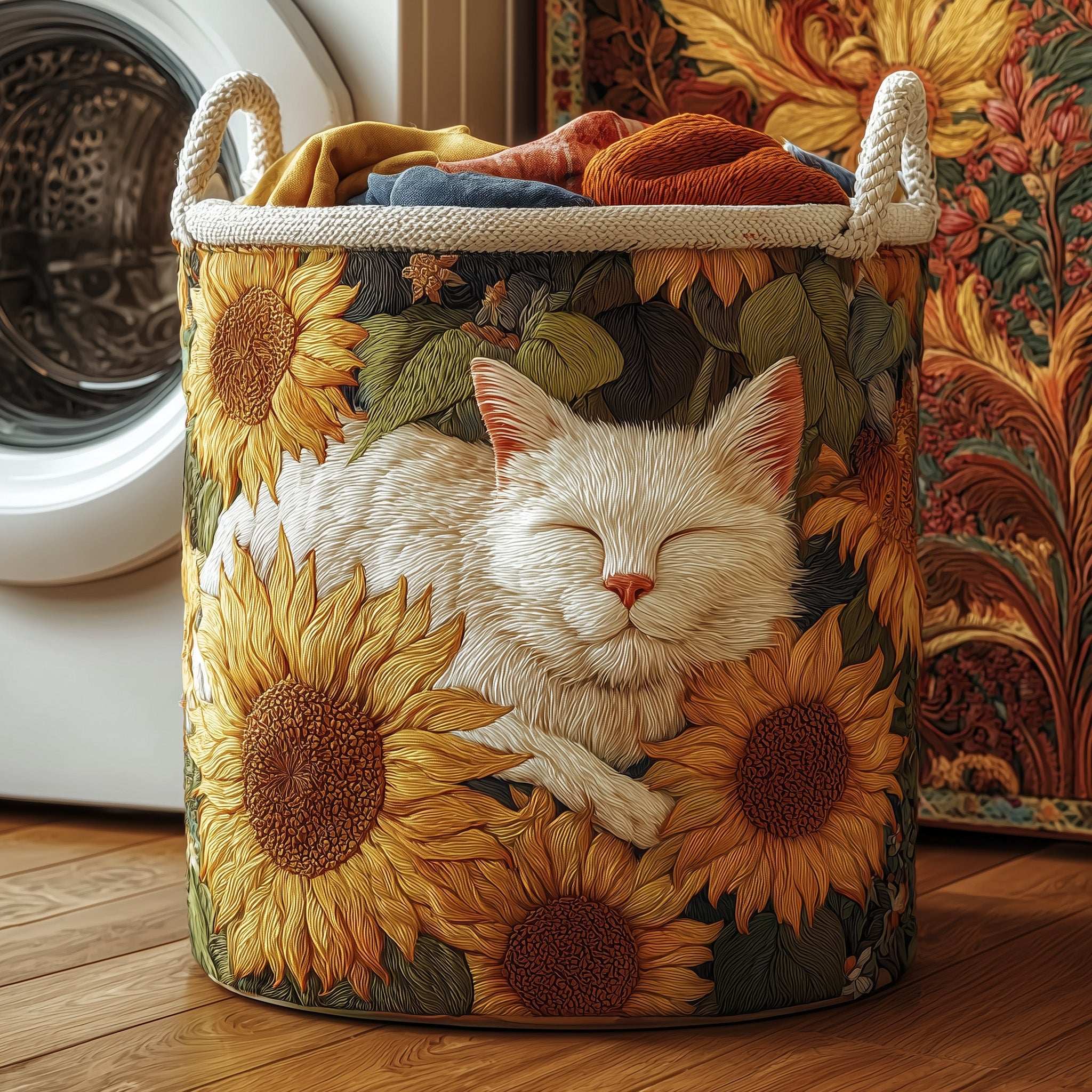 Sleeping Cat Quilted Laundry Basket Summer Merch Vibes