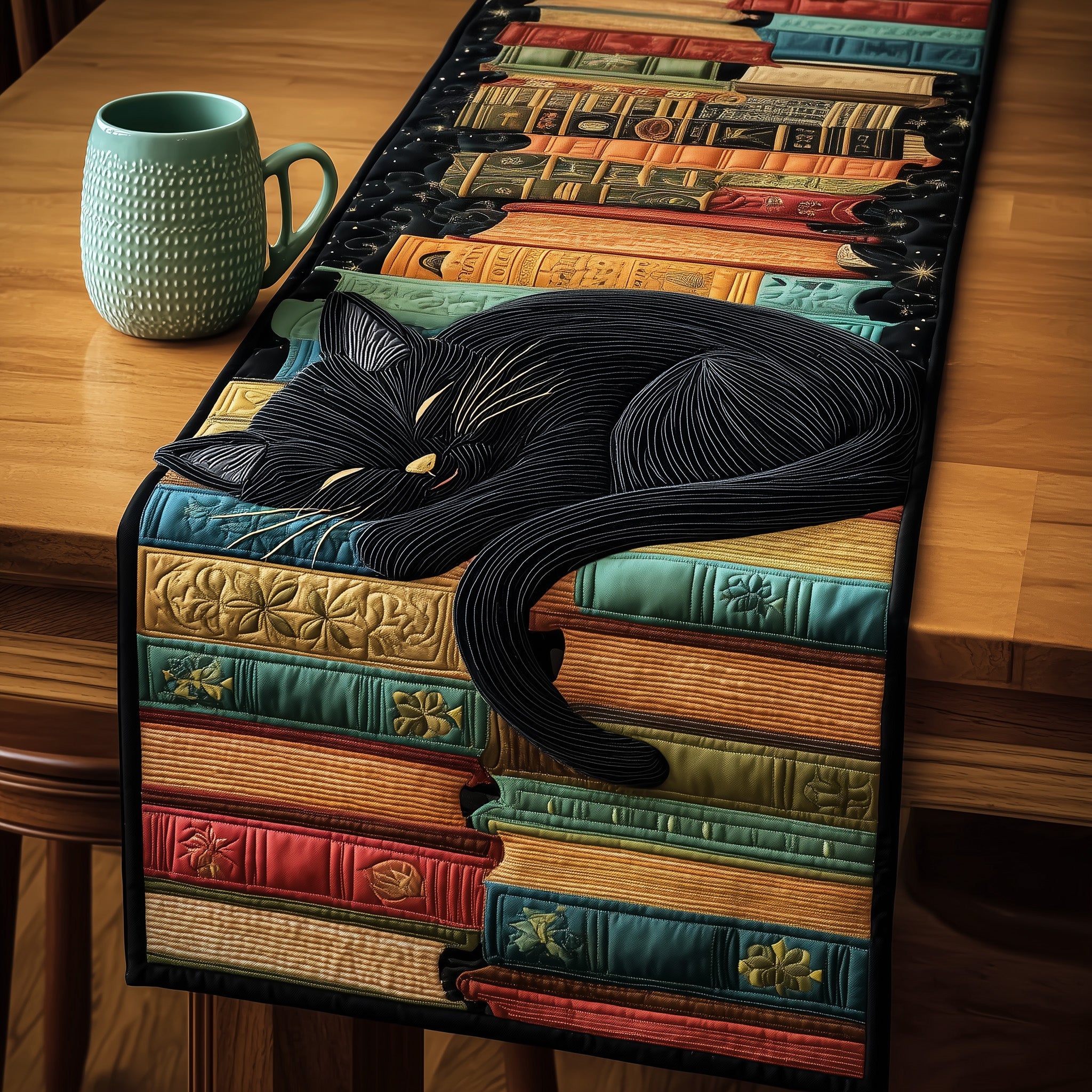 Sleeping Cat Quilted Table Runner Holiday Table Runner for Kitchen Decor