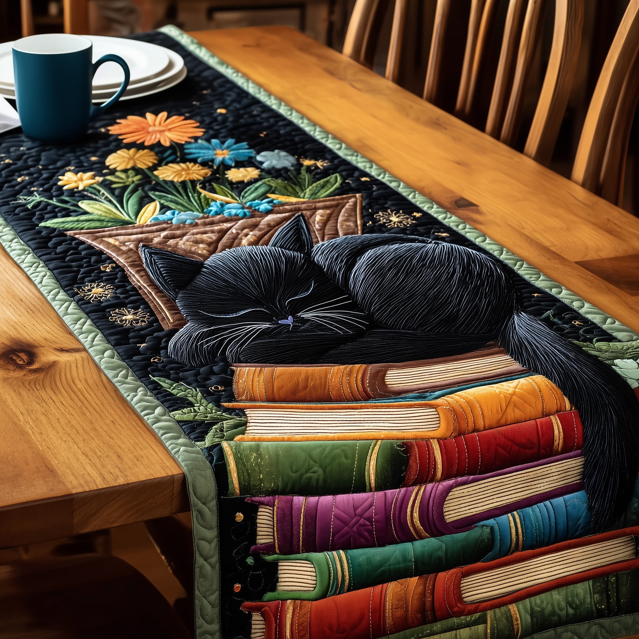 Sleeping Cat Quilted Table Runner Table Runner for Holiday Gatherings