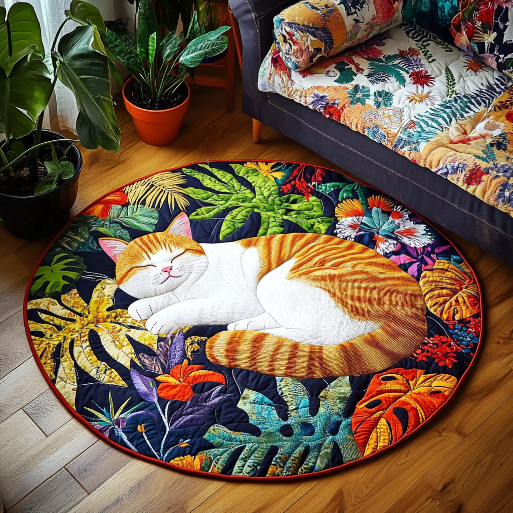 Sleeping Cat Retreat Quilted Round Mat Outdoor Entryway Decor Gifts For People Who Love Cats